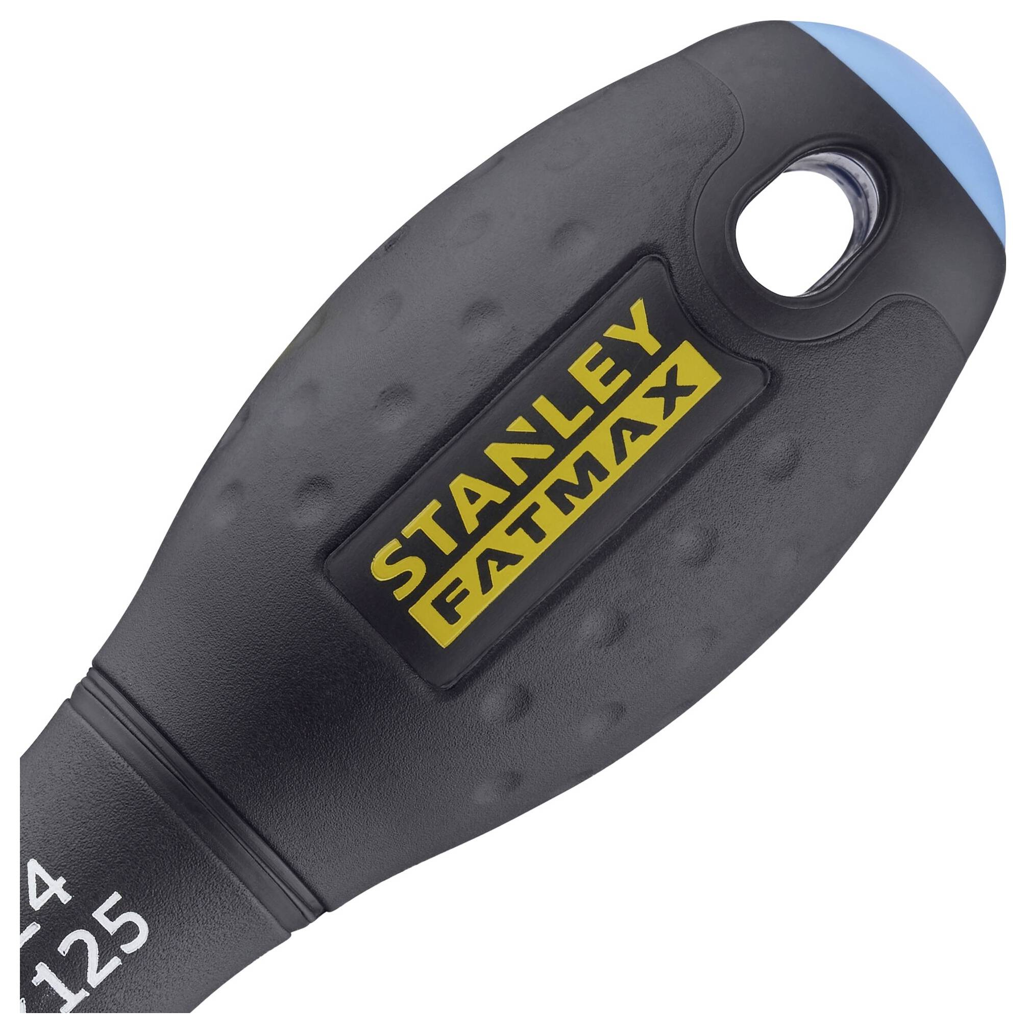 Czarny uchwyt wkrętaka z niebieskim czubkiem i żółtym logo 'Stanley FatMax' pośrodku.