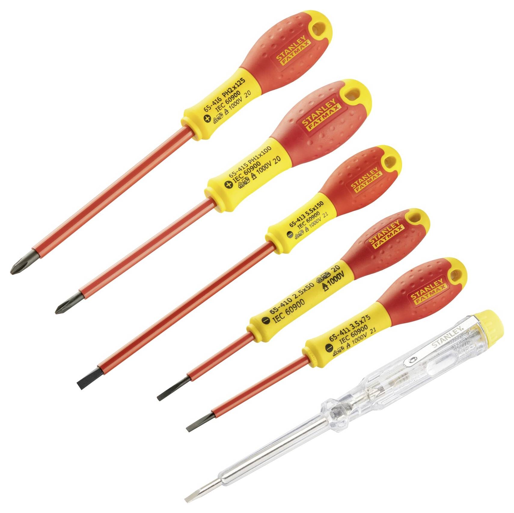 Pięć izolowanych wkrętaków z różnymi końcówkami oraz tester napięcia. Odpowiednie do prac z narzędziami elektrycznymi.