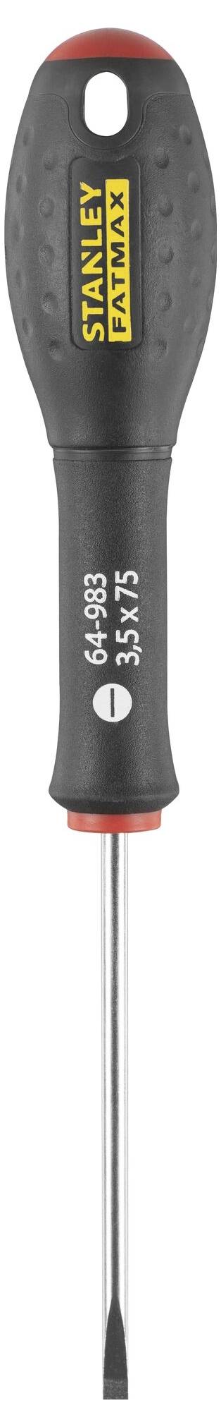 Śrubokręt z czarnym uchwytem, żółtym logo i metalowym ostrzem. Rozmiar: 3,5 x 75 mm. Numer modelu: 64-498.