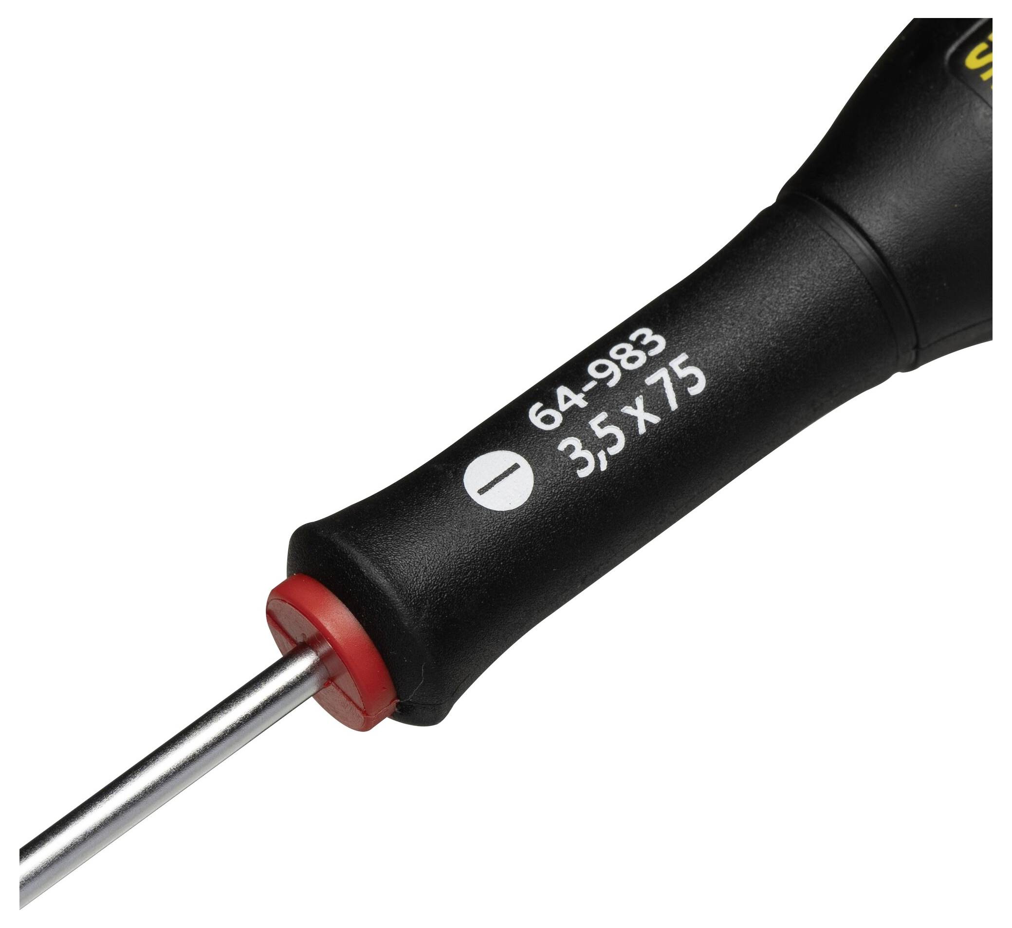 Czarny śrubokręt z oznaczeniem '64-983 3,5 x 75', z czerwonym pierścieniem w pobliżu końcówki, na białym tle.