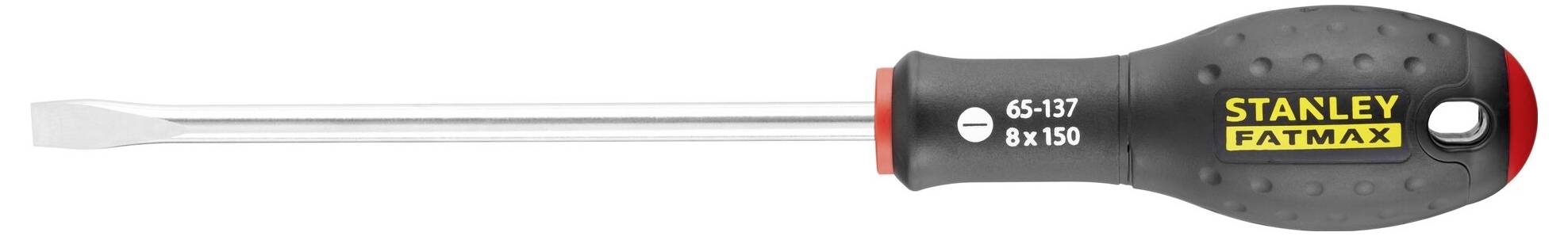 Wkrętak płaski z czarną rękojeścią, z napisem 'STANLEY FATMAX'.