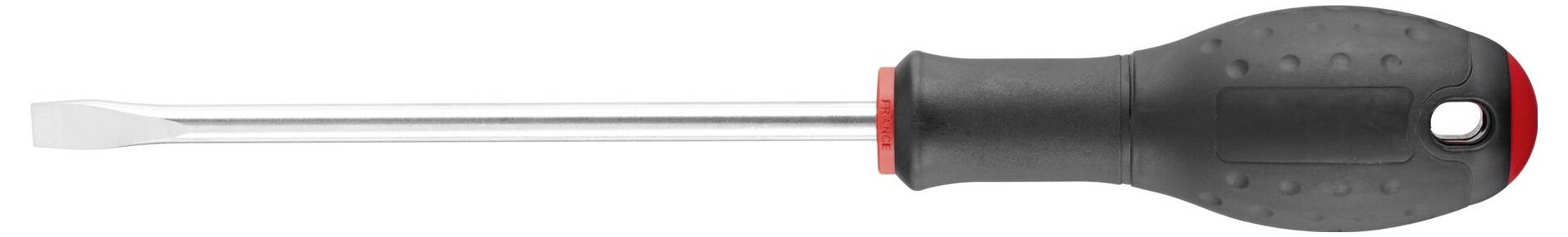 Płaski śrubokręt z czarną rękojeścią i srebrnym ostrzem, odpowiedni do standardowych śrub.
