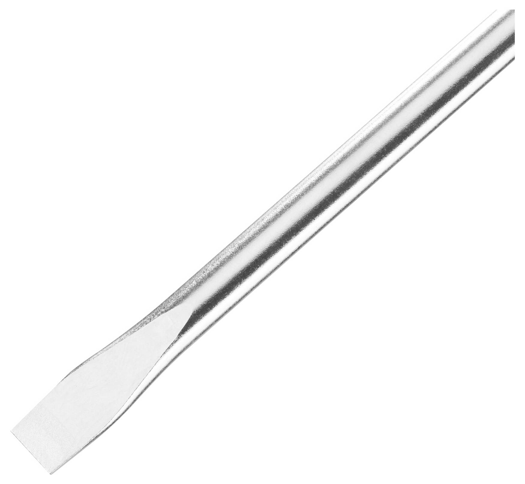 Płaski śrubokręt z srebrnym metalowym uchwytem.