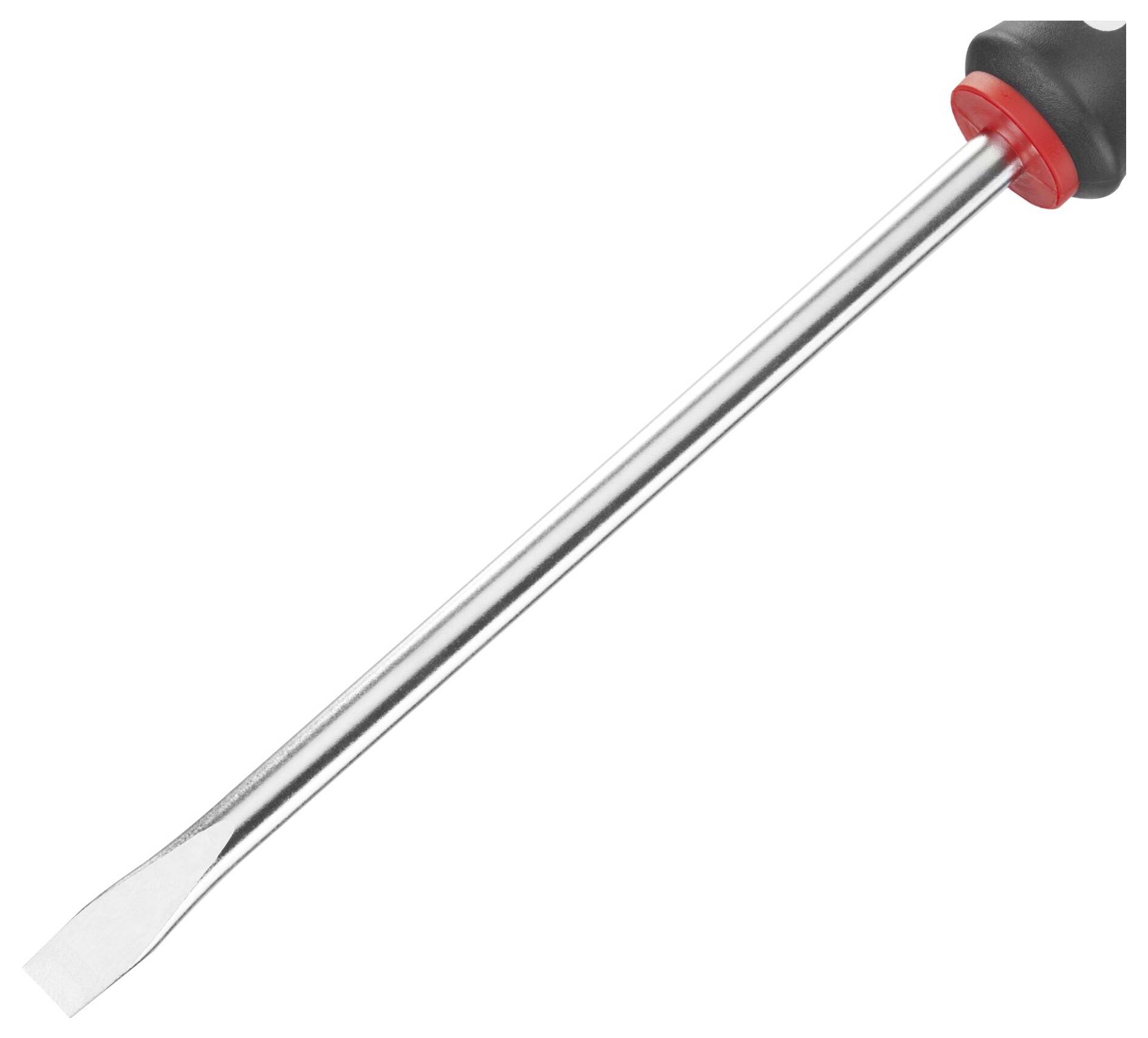 Śrubokręt z płaskim, rowkowym czubkiem i czarnym uchwytem zakończonym czerwoną końcówką.