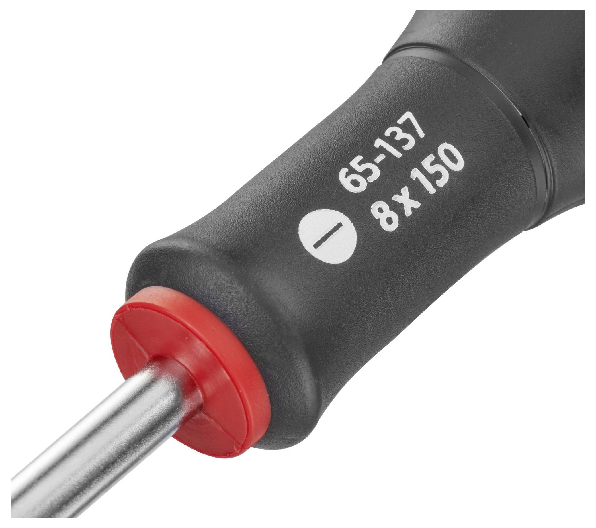 Zbliżenie śrubokręta z czarnym uchwytem i czerwonym końcem; napis '65-137 8x150' obok symbolu wkrętaka płaskiego.