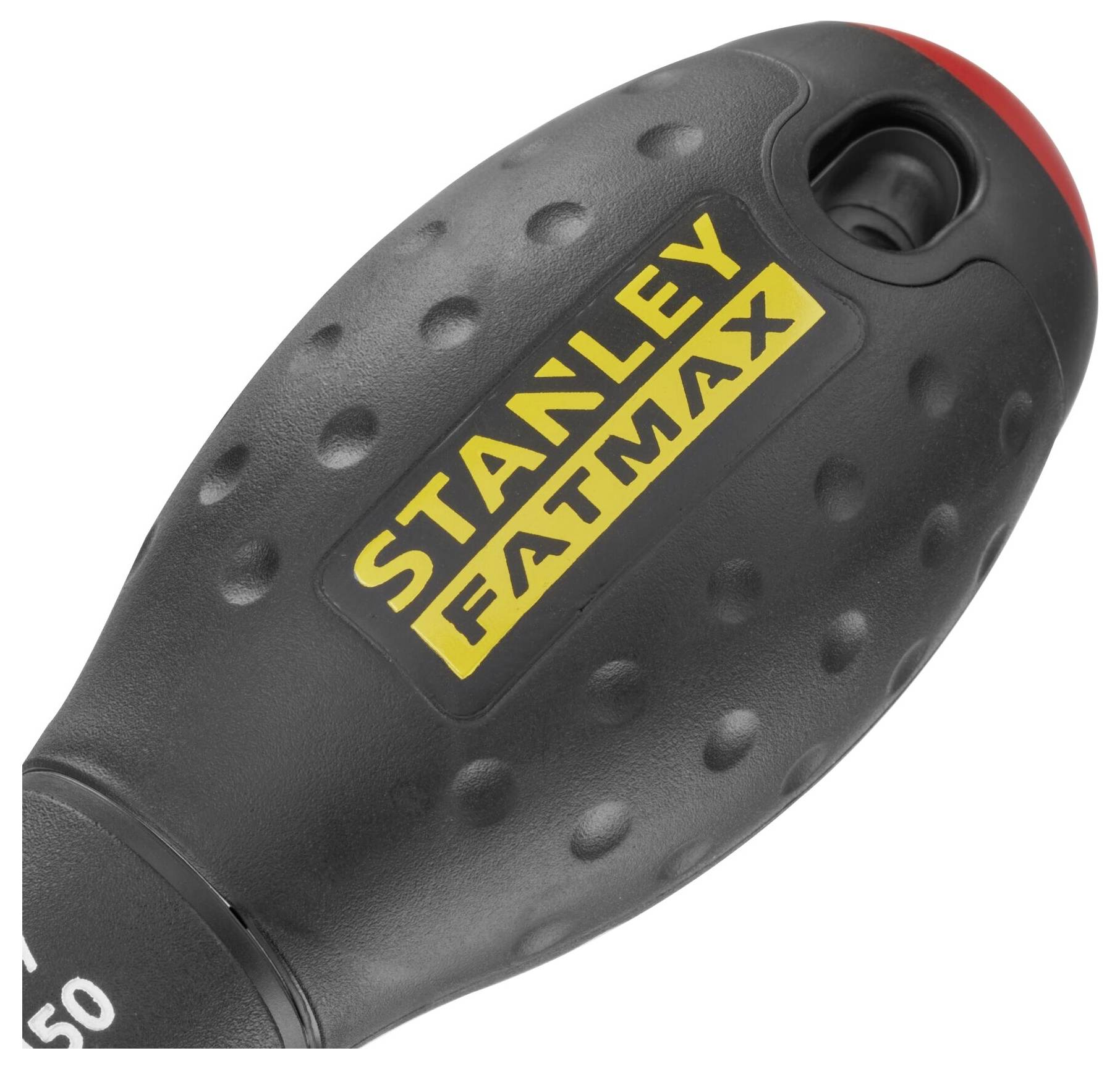 Uchwyt do wkrętaka 'STANLEY FATMAX', czarna antypoślizgowa powierzchnia z żółtym logo, ergonomiczny design dla lepszego chwytu.