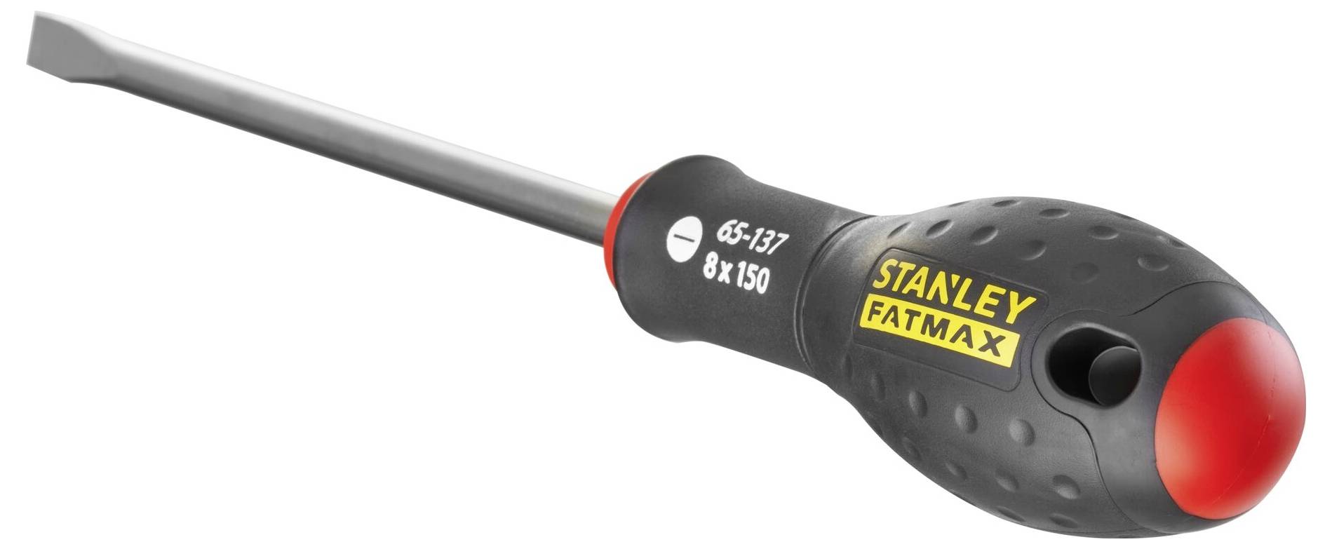 Płaski śrubokręt z czarnym, ergonomicznym uchwytem i żółtą nazwą marki 'Stanley Fatmax'.