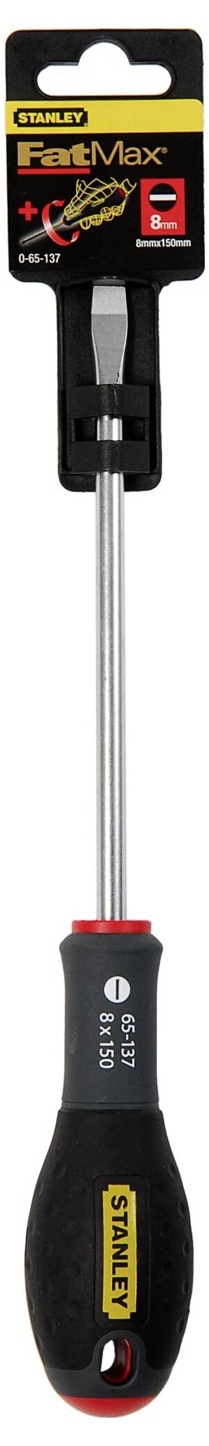 Wkrętak z czarną rękojeścią i srebrnym ostrzem, marka 'Stanley', opakowanie u góry.