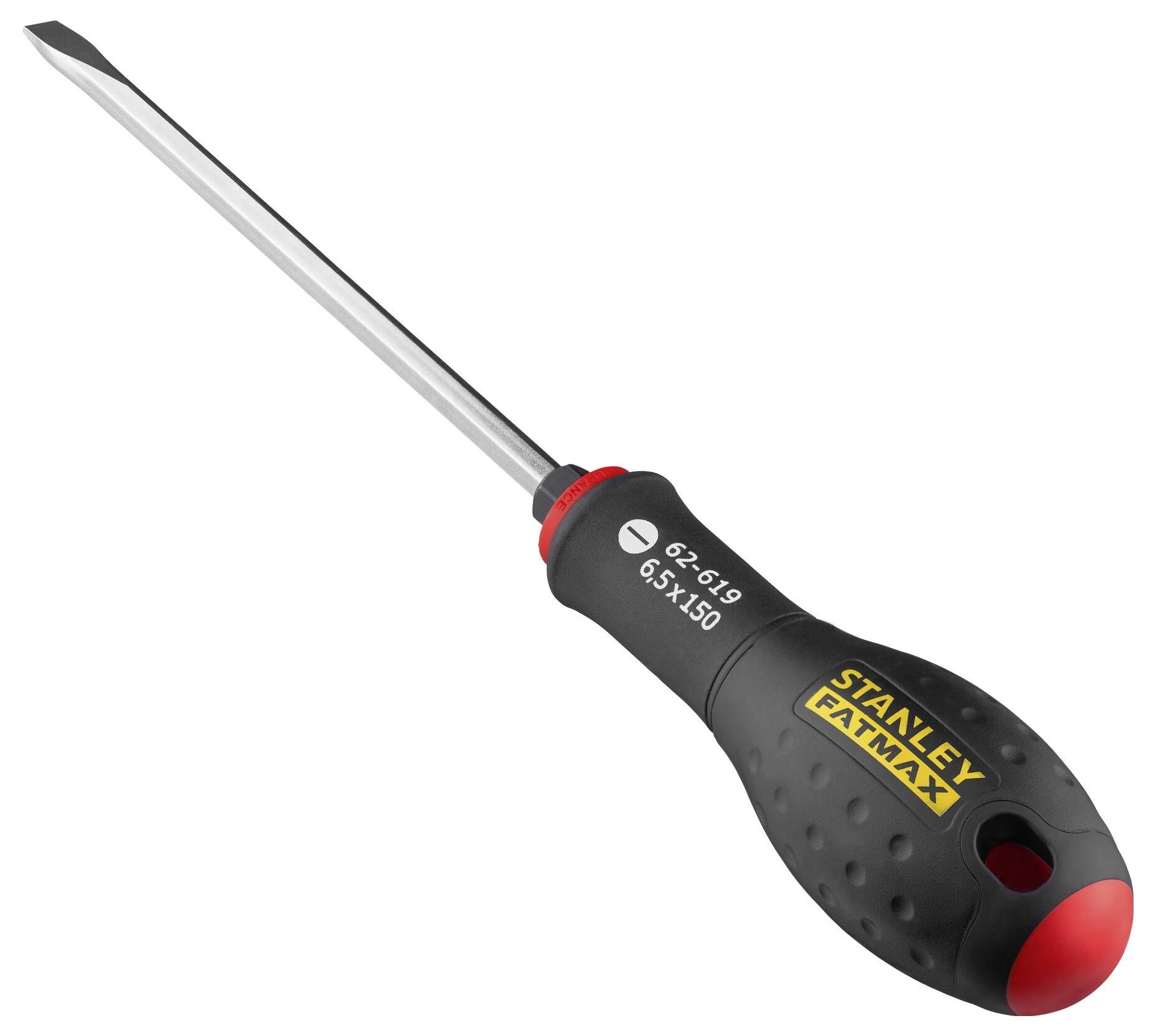 Wkrętak o czarnym uchwycie i czerwonym końcu, marki Stanley Fatmax, z płaskim grotem, z długością i numerem modelu oznaczonymi na rękojeści.