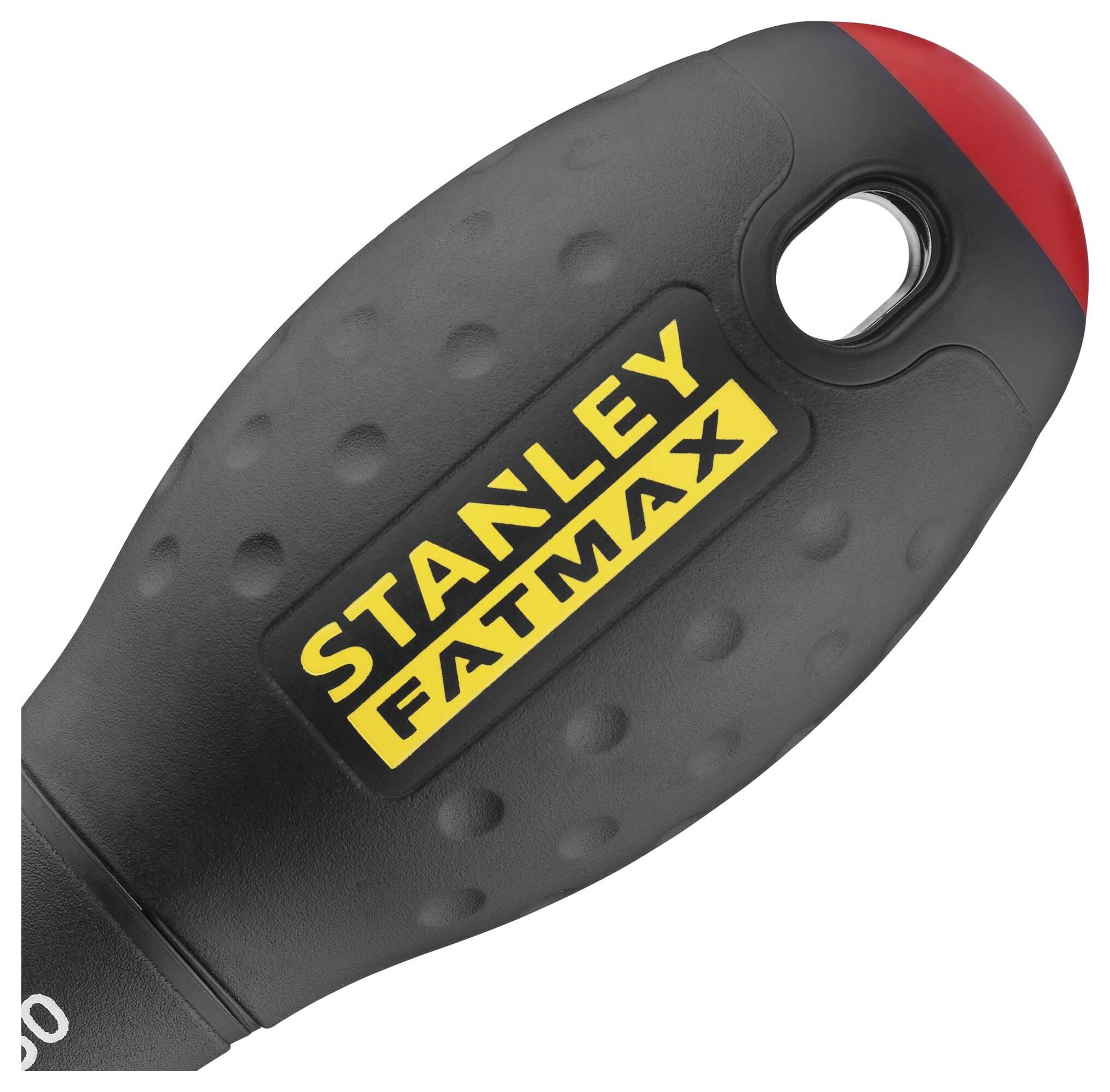 Chwyt narzędzia Stanley Fatmax z czerwono-czarnym wzornictwem i żółtym logo.