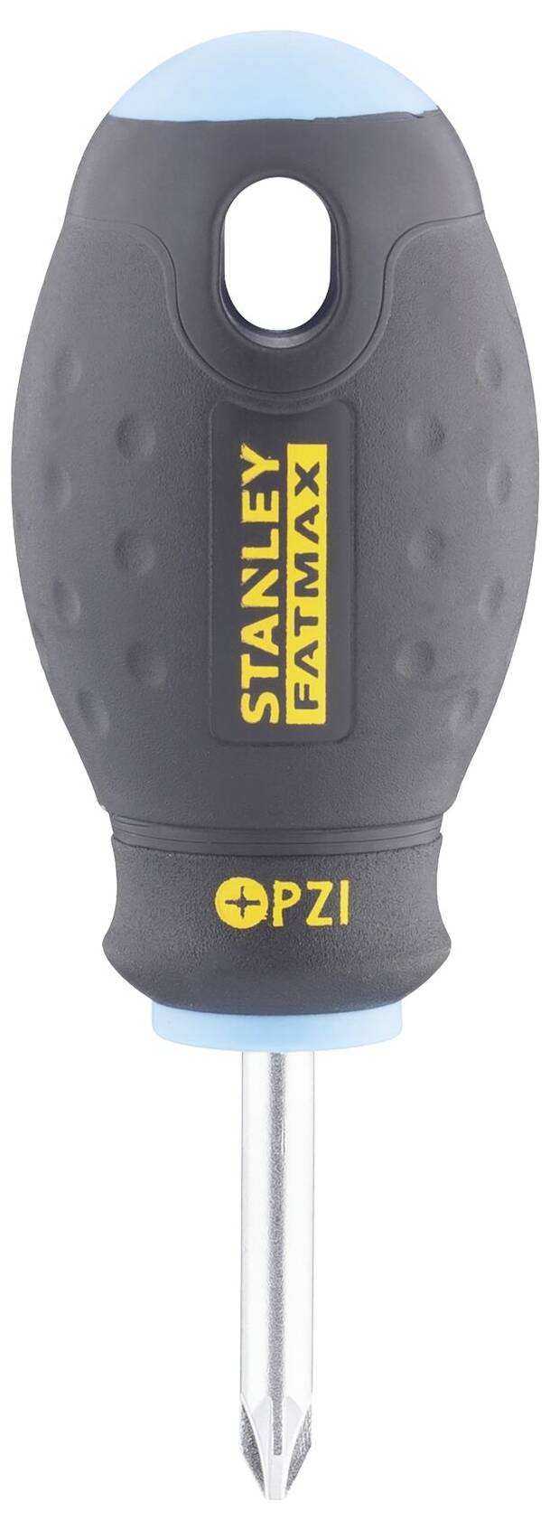 Wkrętak krzyżowy z czarnym, ergonomicznym uchwytem i niebieskim grotem, z napisem 'STANLEY FATMAX' na rękojeści.