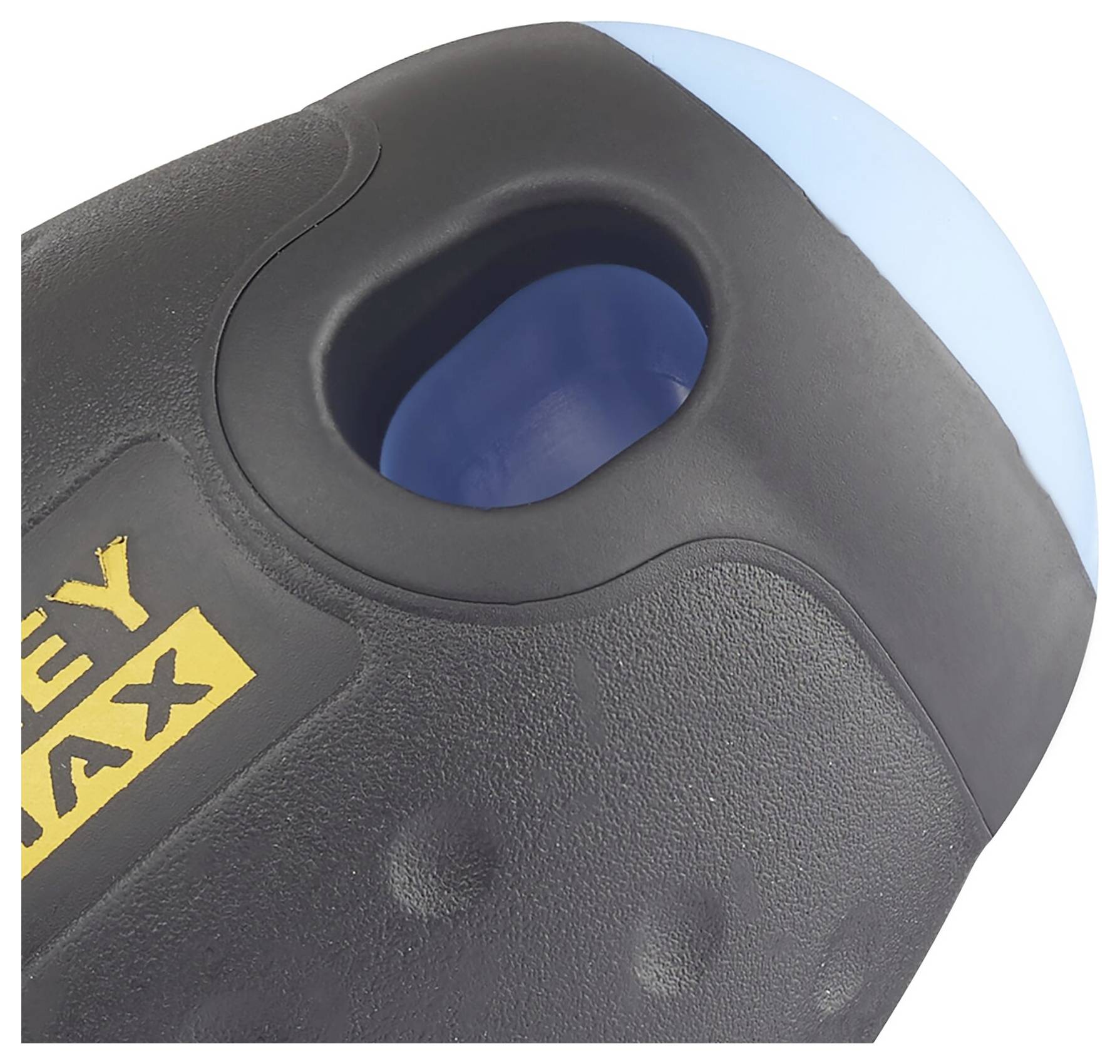 Czarny element gumowy z żółtym napisem 'Tacklife'. Górna część w kolorze niebieskim, uchwyt ergonomicznie wyprofilowany. Potencjalny uchwyt narzędziowy.