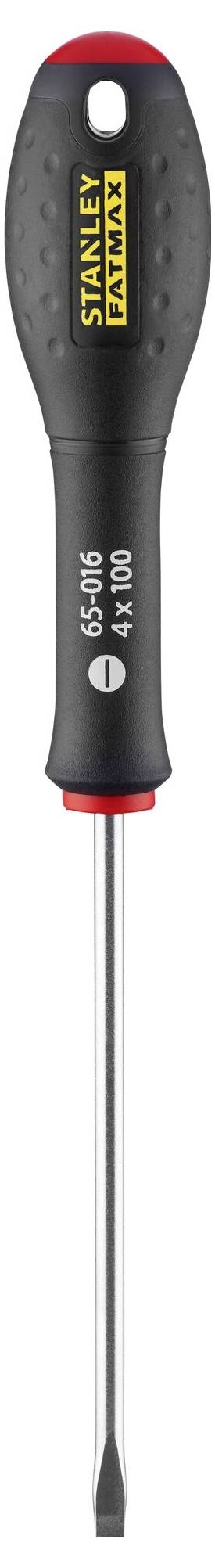 Wkrętak z czarnym uchwytem, czerwonym akcentem na końcu rękojeści i nadrukiem "STANLEY FatMax". Płaska metalowa głowica.