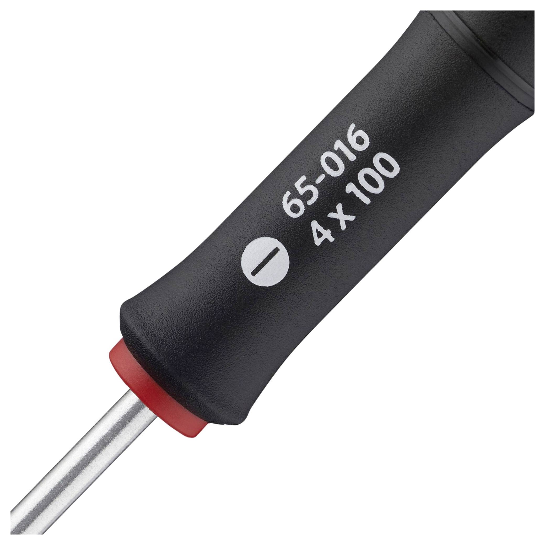 Wkrętak krzyżowy z czarną rękojeścią. Napis '65-016 4x100' wskazuje specyfikacje narzędzia.