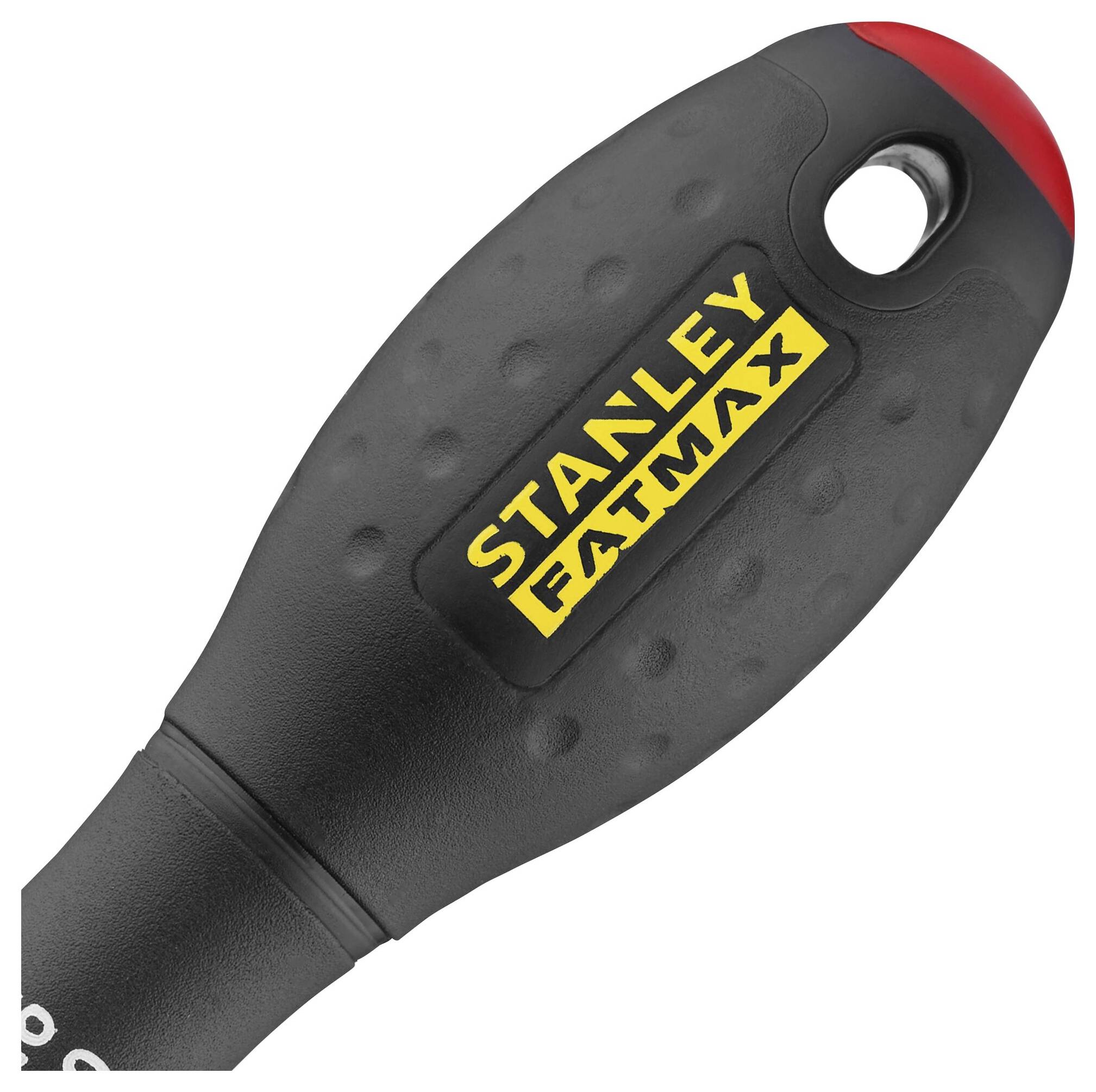 Rękojeść narzędzia Stanley Fatmax z czarną, gumowaną powierzchnią i żółtym logo marki.