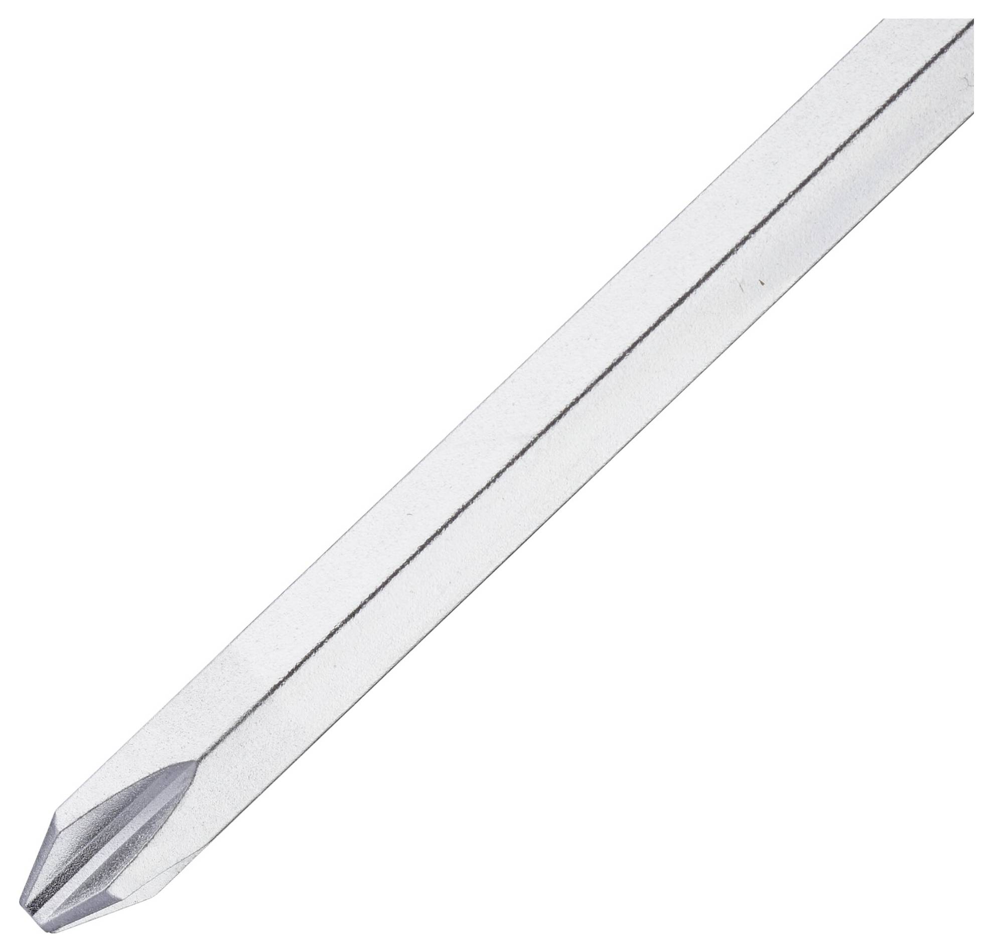 Końcówka wkrętaka krzyżowego leży ukośnie. Ma metaliczną powierzchnię i nadaje się do prac śrubowych.