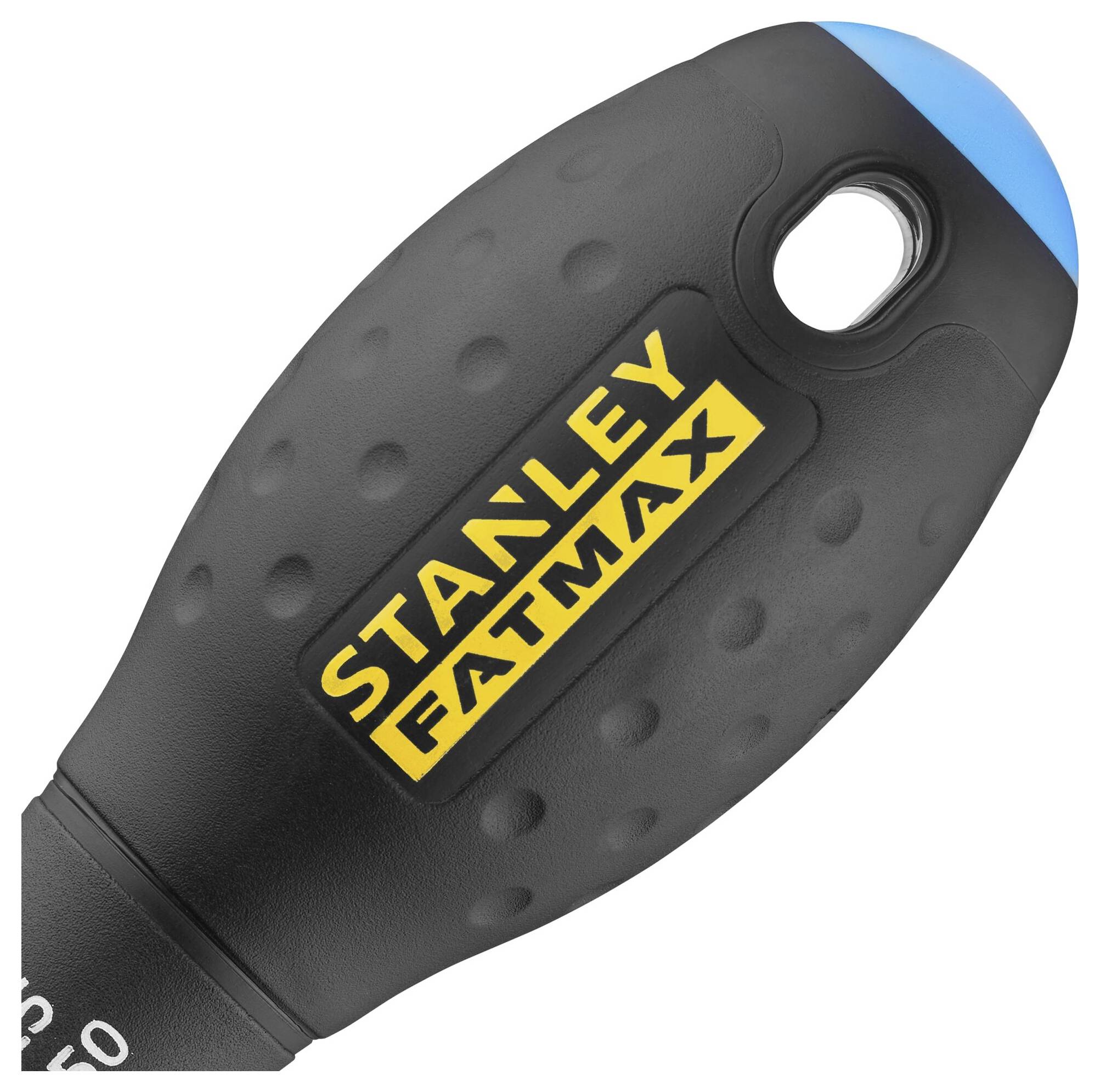 Czarny uchwyt wkrętaka z niebieskimi akcentami i żółtym logo 'Stanley Fatmax'.