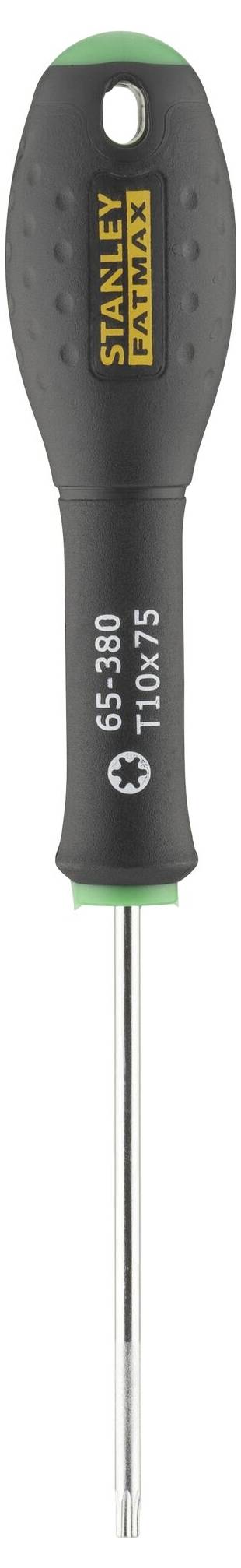 Wkrętak krzyżowy z czarnym uchwytem, żółtym logo 'Stanley FatMax' i napisem '65-199 T10 x 75'.