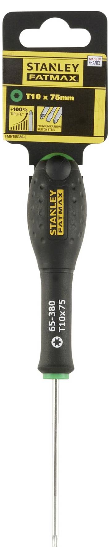 Wkrętak Stanley Fatmax z czarnym uchwytem i zielonym akcentem. Rozmiar 0, końcówka 3 mm. Pakowany w tekturowy uchwyt.