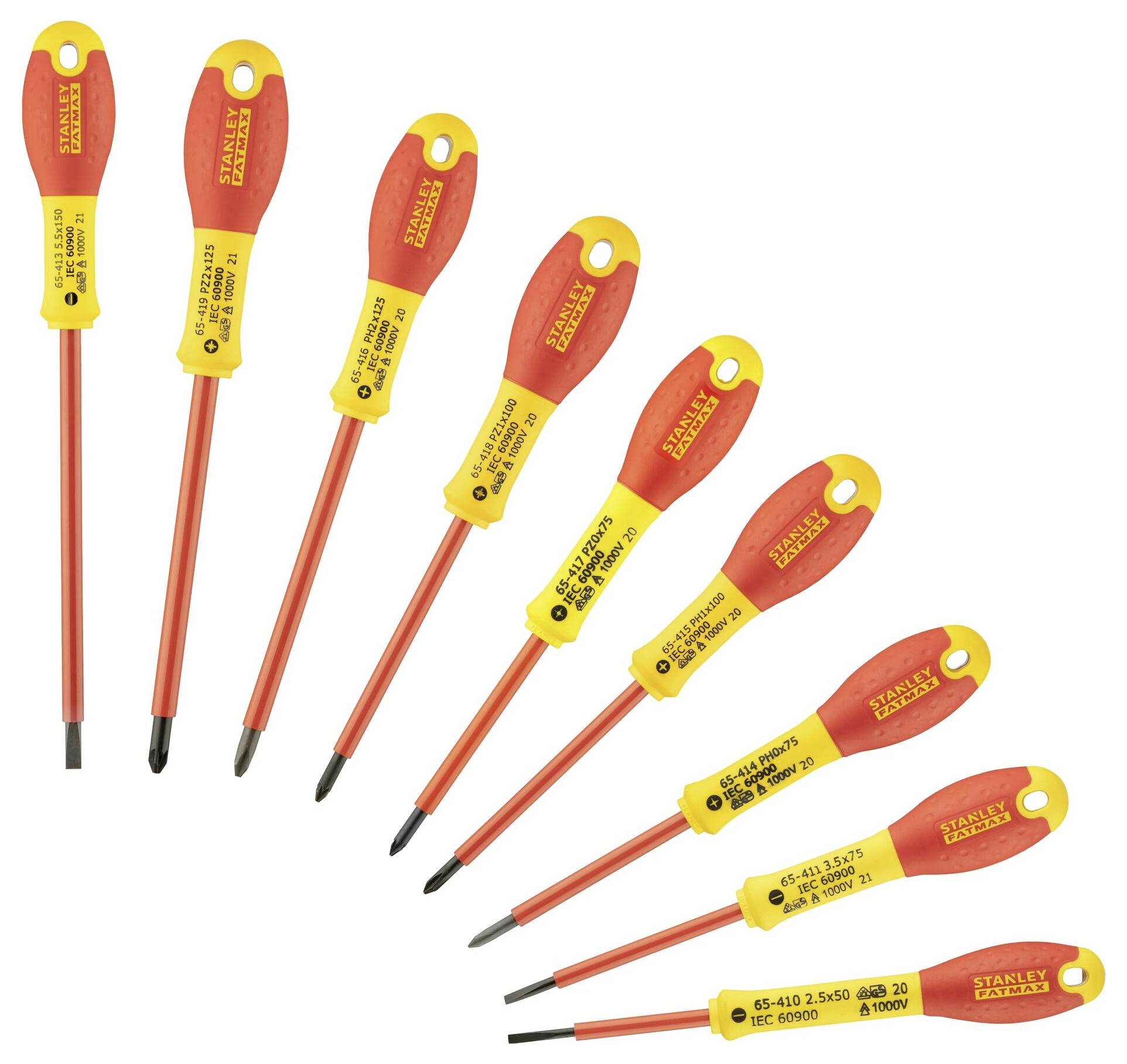 Zestaw dziesięciu wkrętaków z izolowanymi czerwonymi uchwytami i żółtymi elementami, przeznaczony do prac pod napięciem do 1000V.