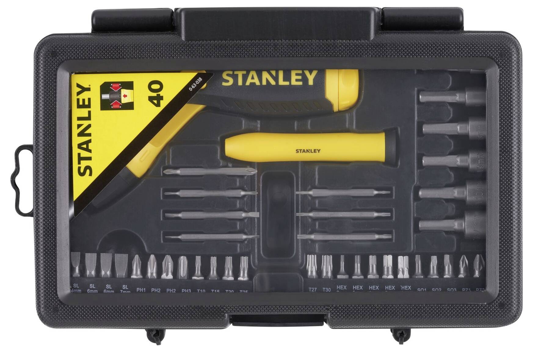 Zestaw narzędzi z 40-elementowym zestawem śrubokrętów i końcówek. Zawiera różne końcówki i dwa uchwyty.
