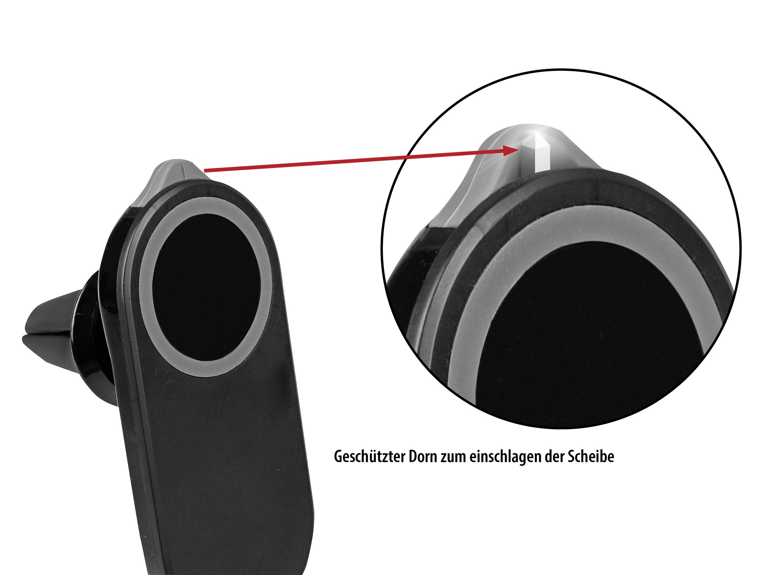 Czarny młotek awaryjny z powiększonym widokiem chronionego bolca służącego do rozbicia szyby.