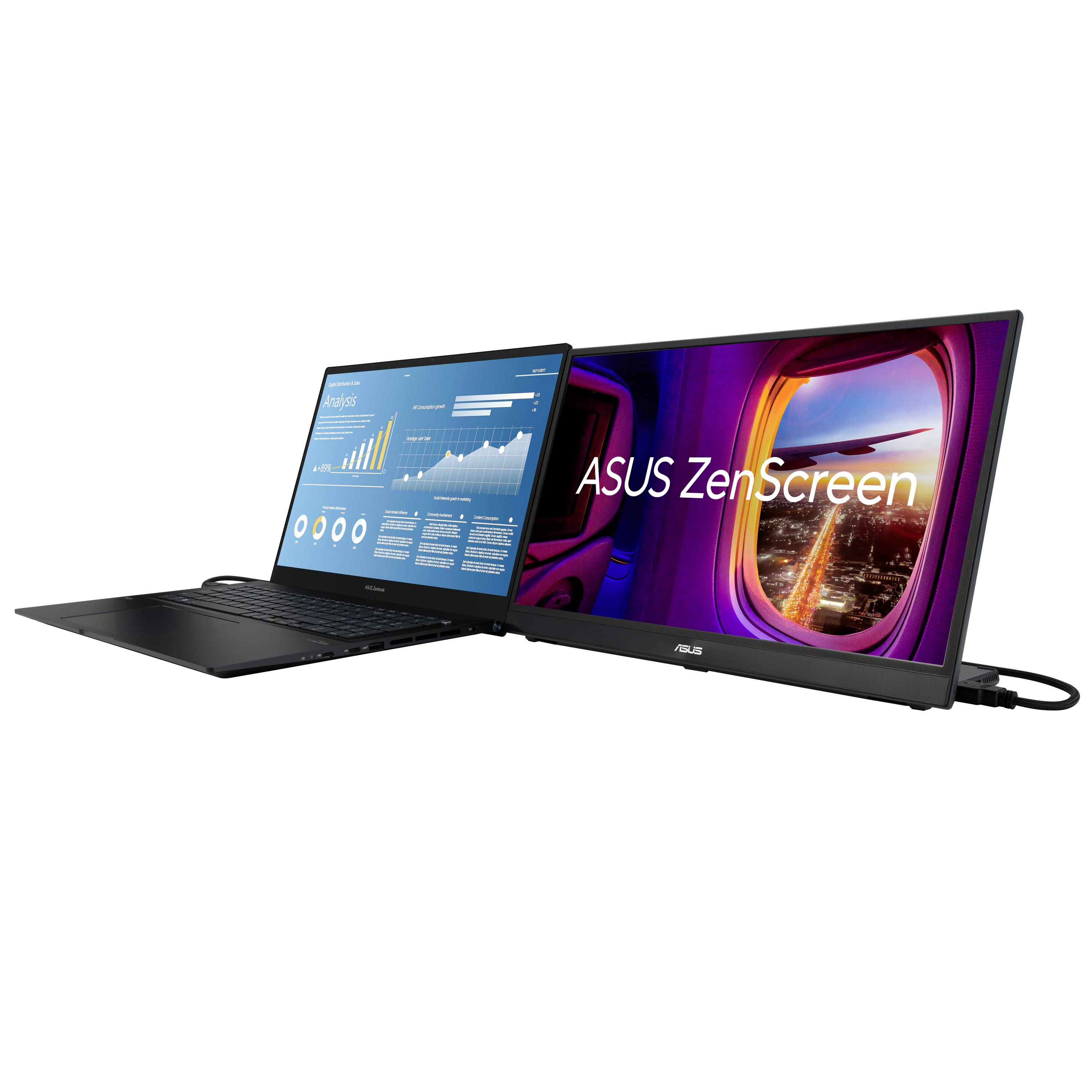 Przenośny monitor ASUS ZenScreen jest podłączony do laptopa i rozszerza ekran. Grafiki i informacje są wyświetlane na obu wyświetlaczach.
