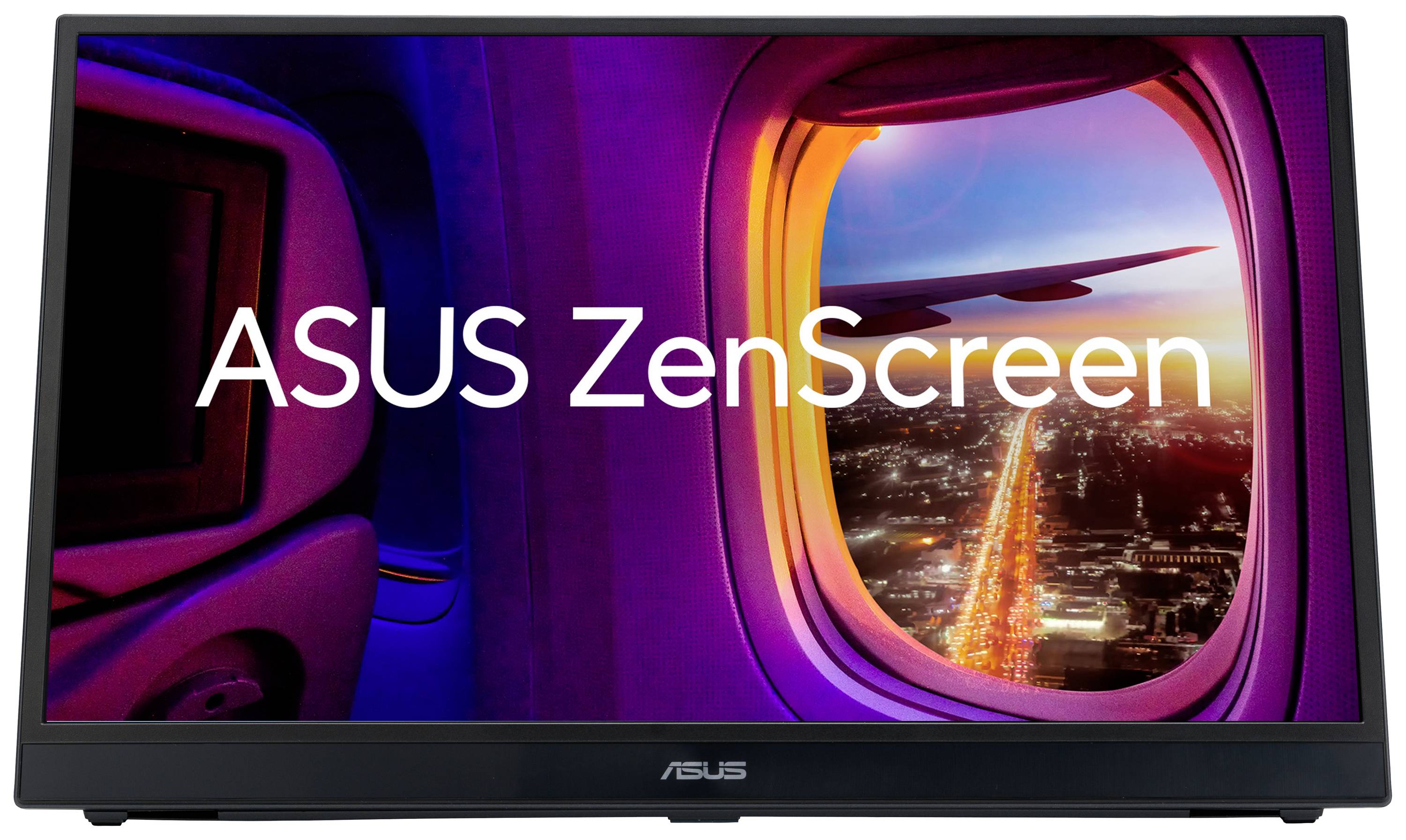 Ekran laptopa z napisem 'ASUS ZenScreen', przedstawiający wieczorowe niebo i oświetlone miasto widziane przez okno samolotu.