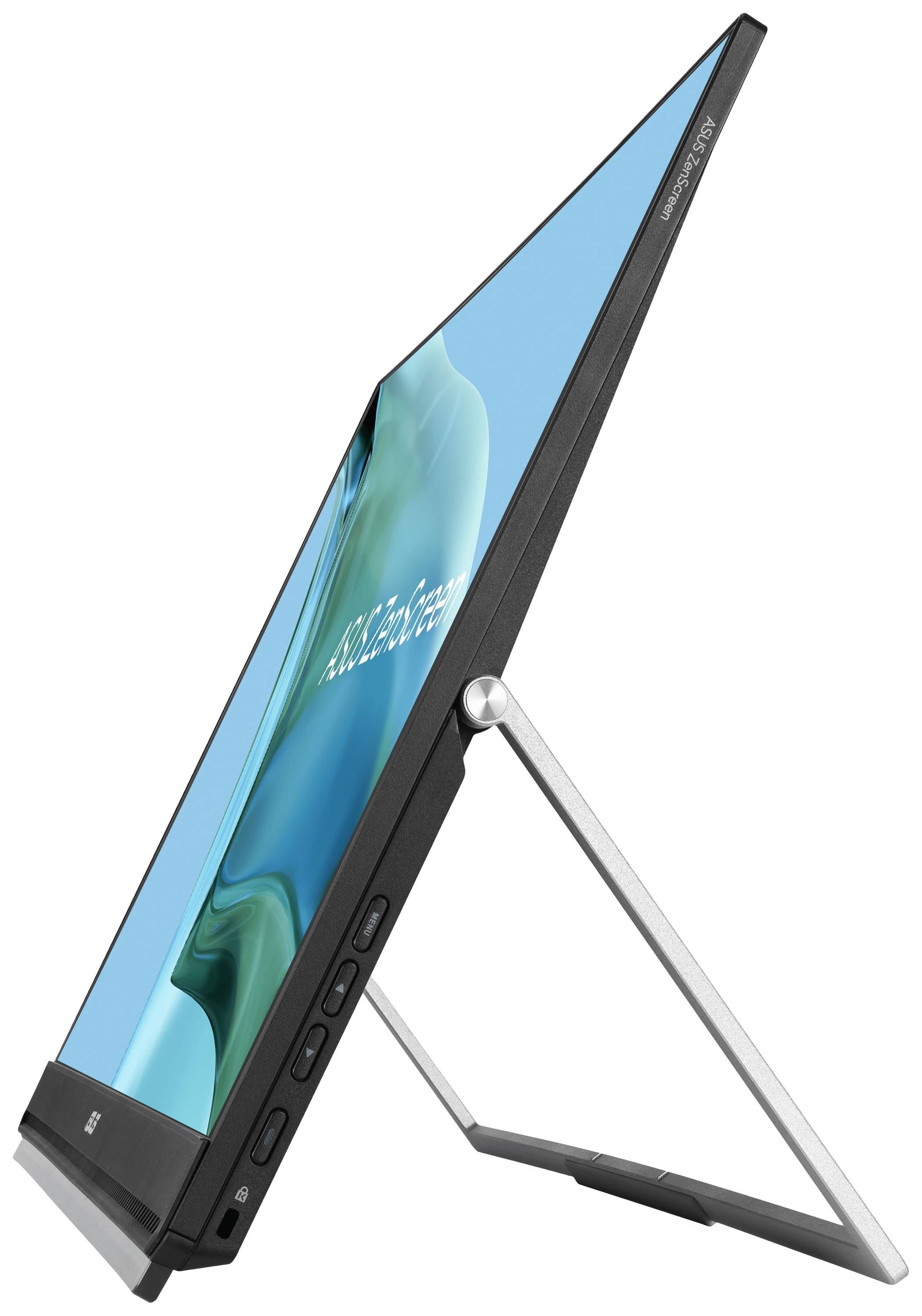 Pionowo ustawiony, przenośny monitor o cienkiej ramce i stabilnej podstawie. Ekran wyświetla niebieskie tło.