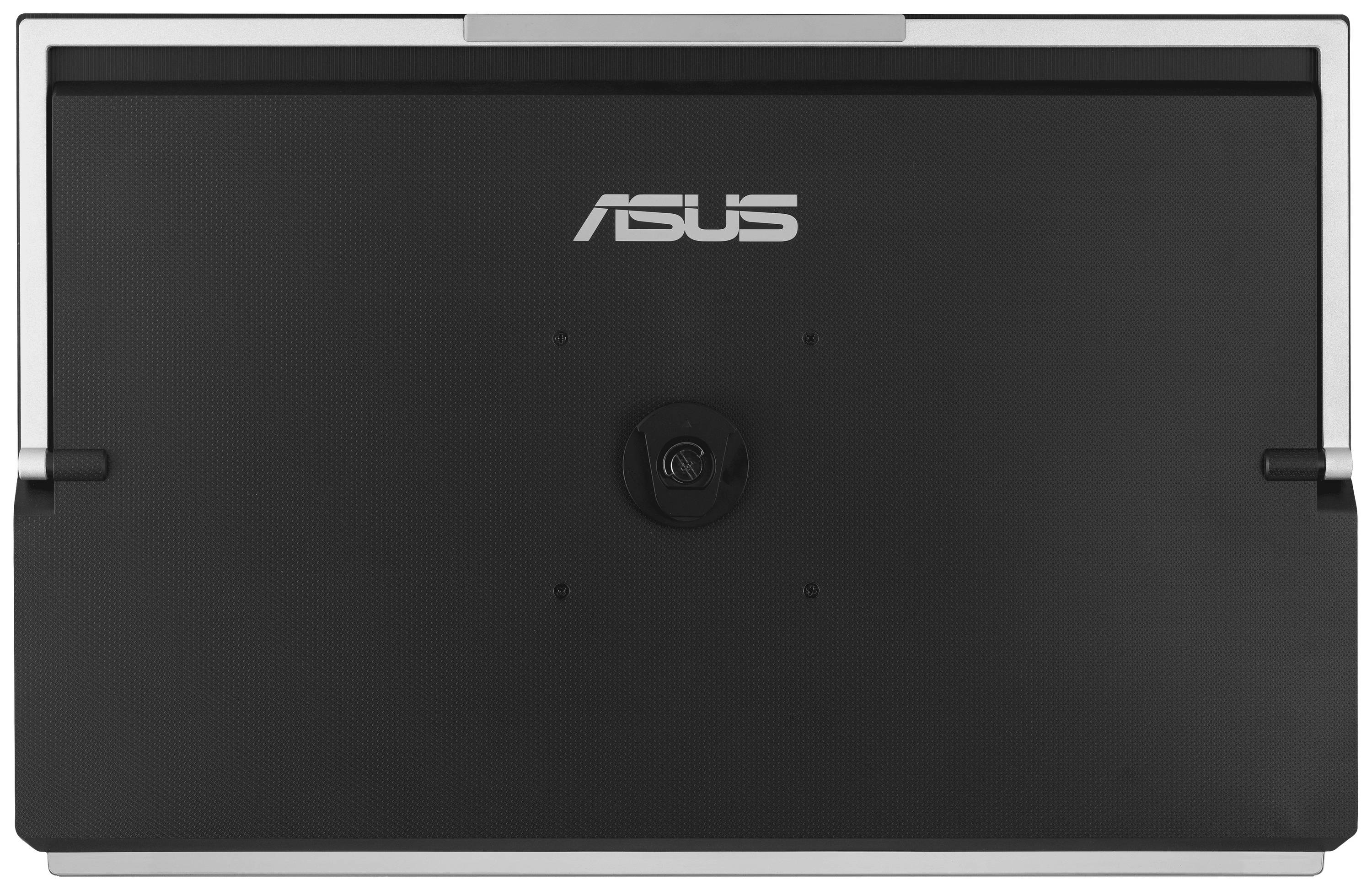 Czarny monitor Asusa, widok z tyłu, z logo marki pośrodku.