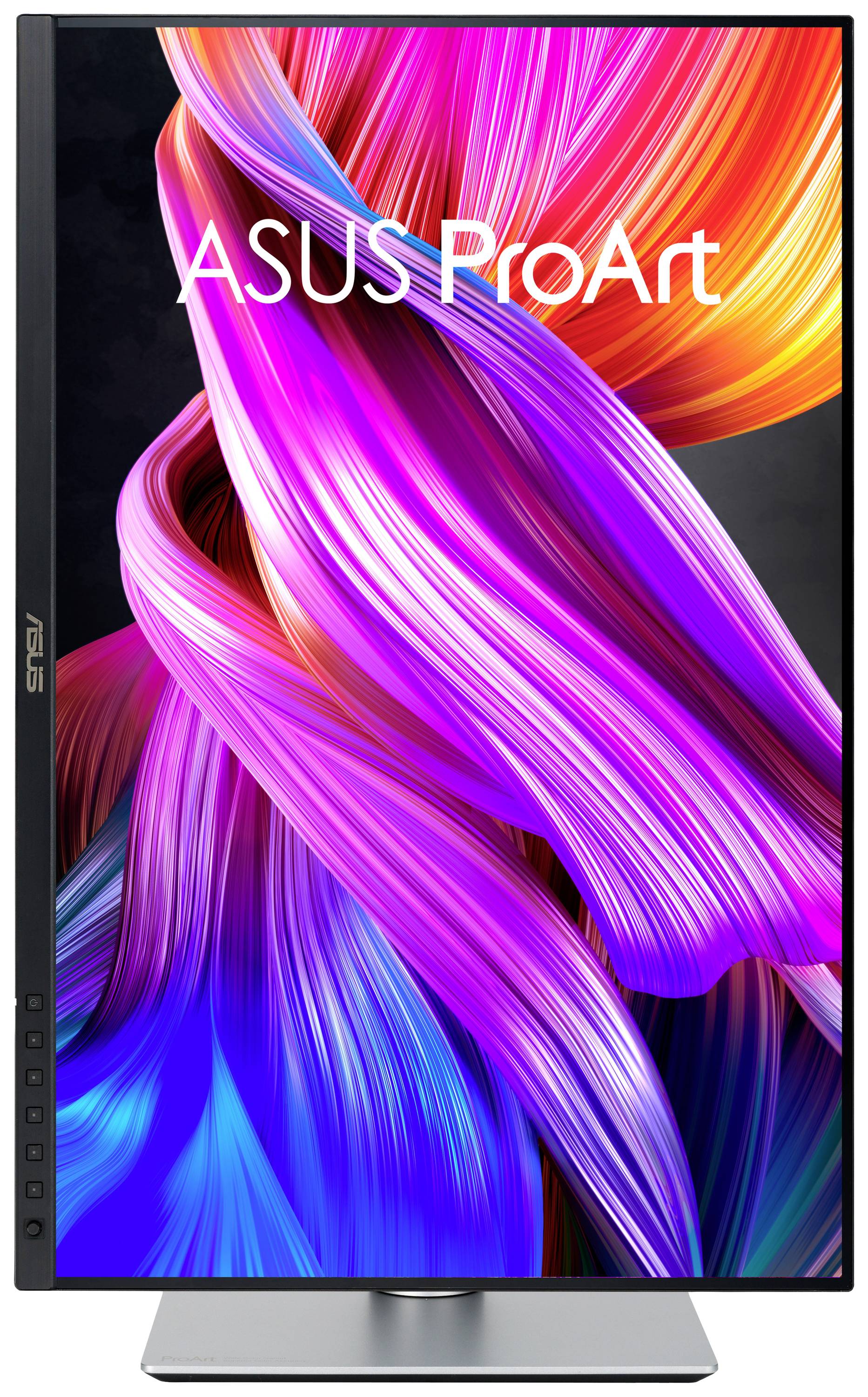 Monitor ASUS ProArt z kolorowymi, falistymi wzorami na ekranie.