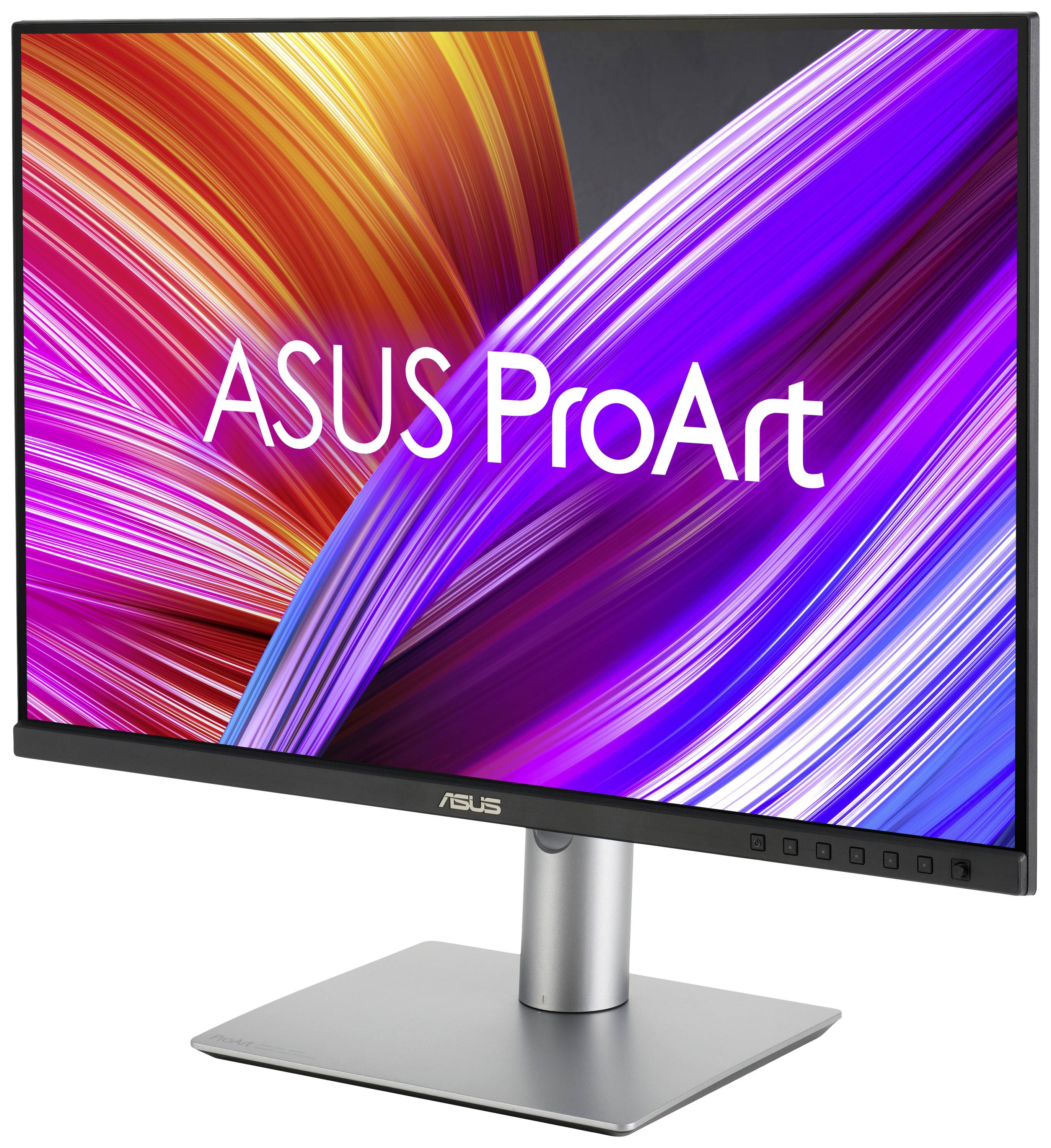 Monitor ASUS ProArt z kolorowym, abstrakcyjnym tłem na wyświetlaczu. Ekran spoczywa na sztywnej, srebrnej podstawie.