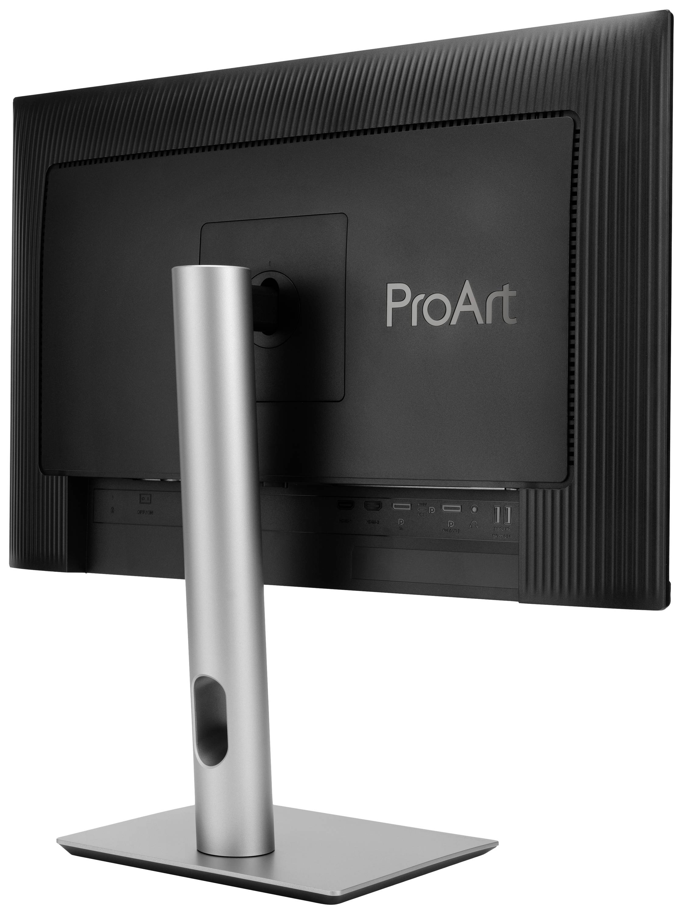 Tylny widok ekranu komputerowego z napisem 'ProArt'. Monitor posiada solidny, srebrny metalowy stojak.