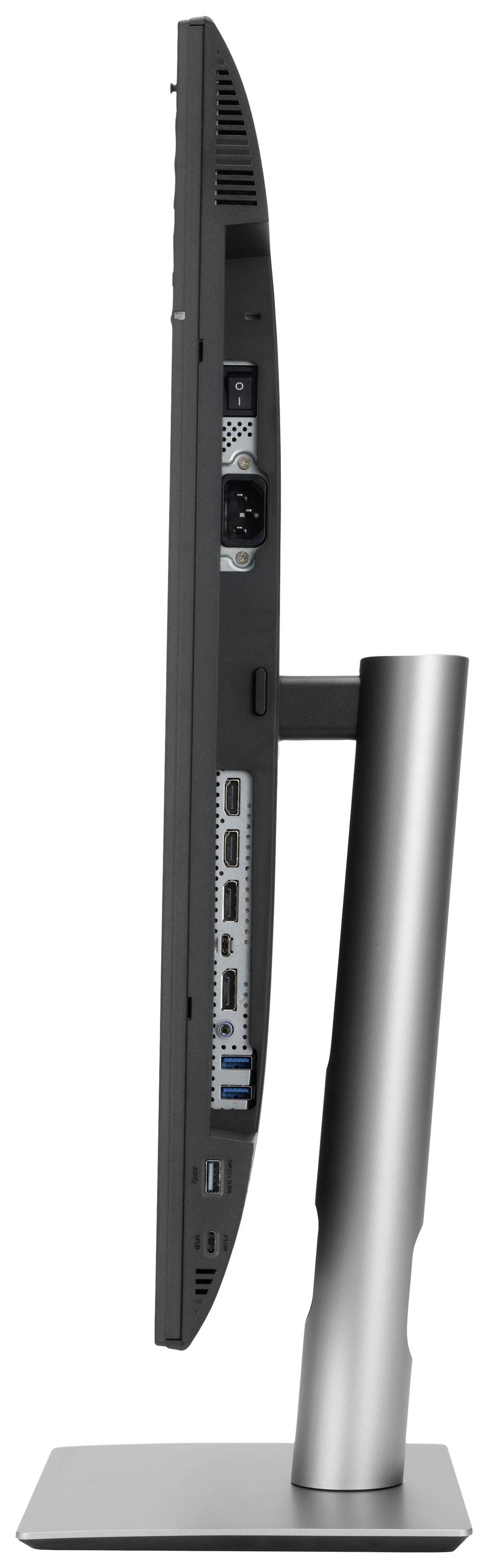Widok z boku cienkiego monitora na stabilnej podstawie. Z tyłu widocznych jest kilka możliwości podłączenia.