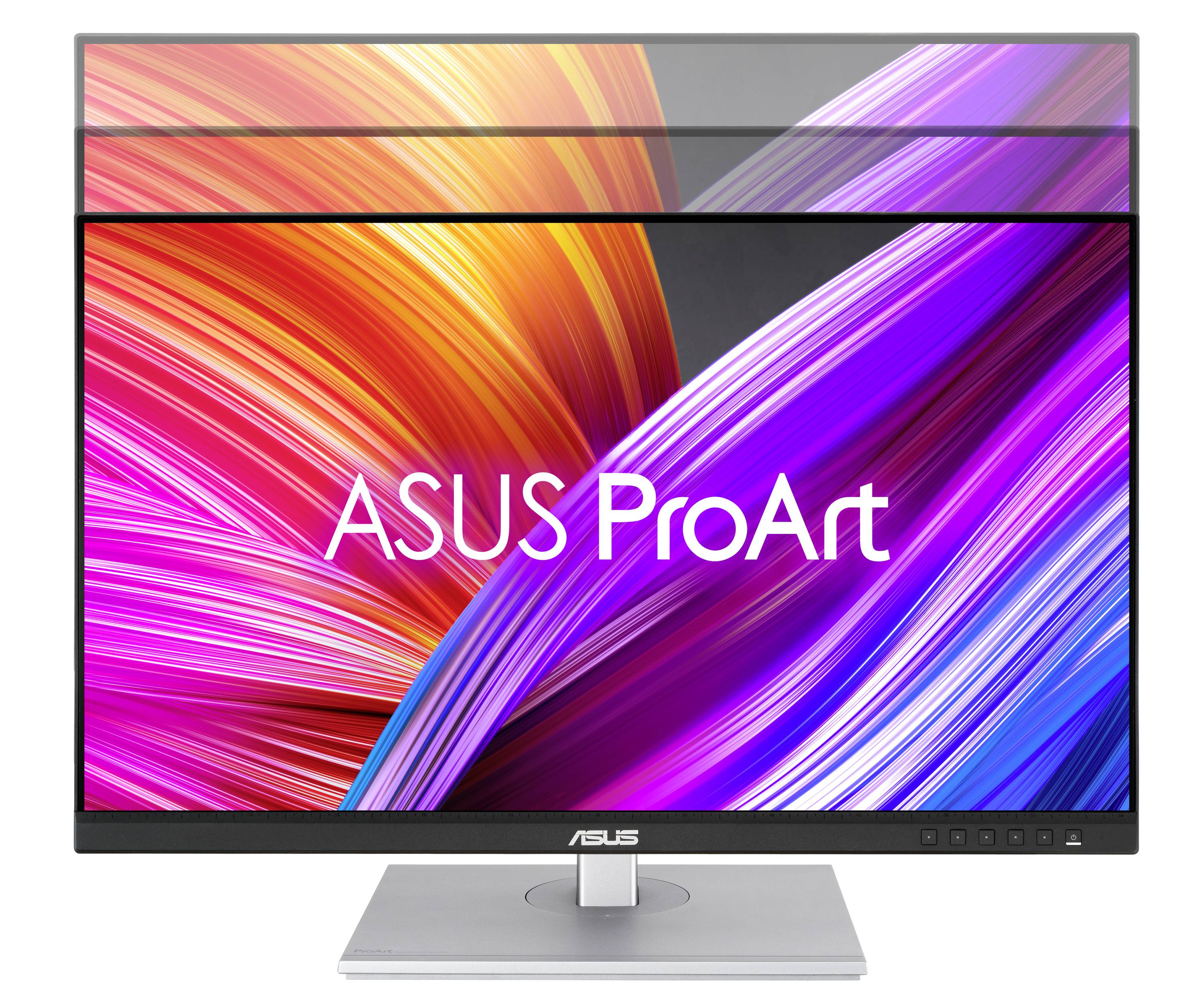 Monitor ASUS ProArt wyświetla żywy, kolorowy obraz tła z falistymi liniami w odcieniach czerwieni, pomarańczy i fioletu.