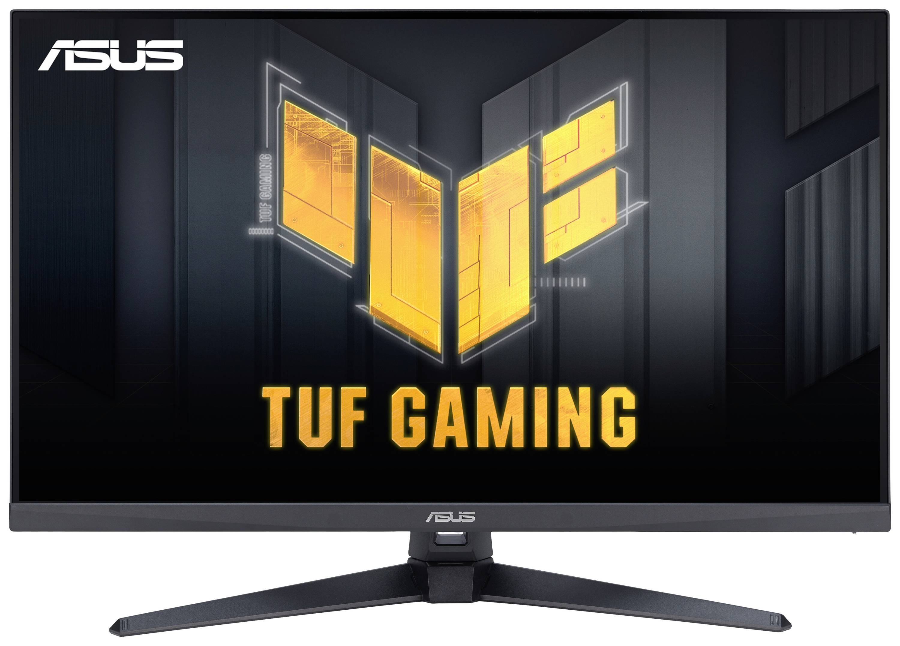 Monitor do gier marki ASUS TUF z dużym ekranem; Logo i napis 'TUF Gaming' w kolorze żółtym.