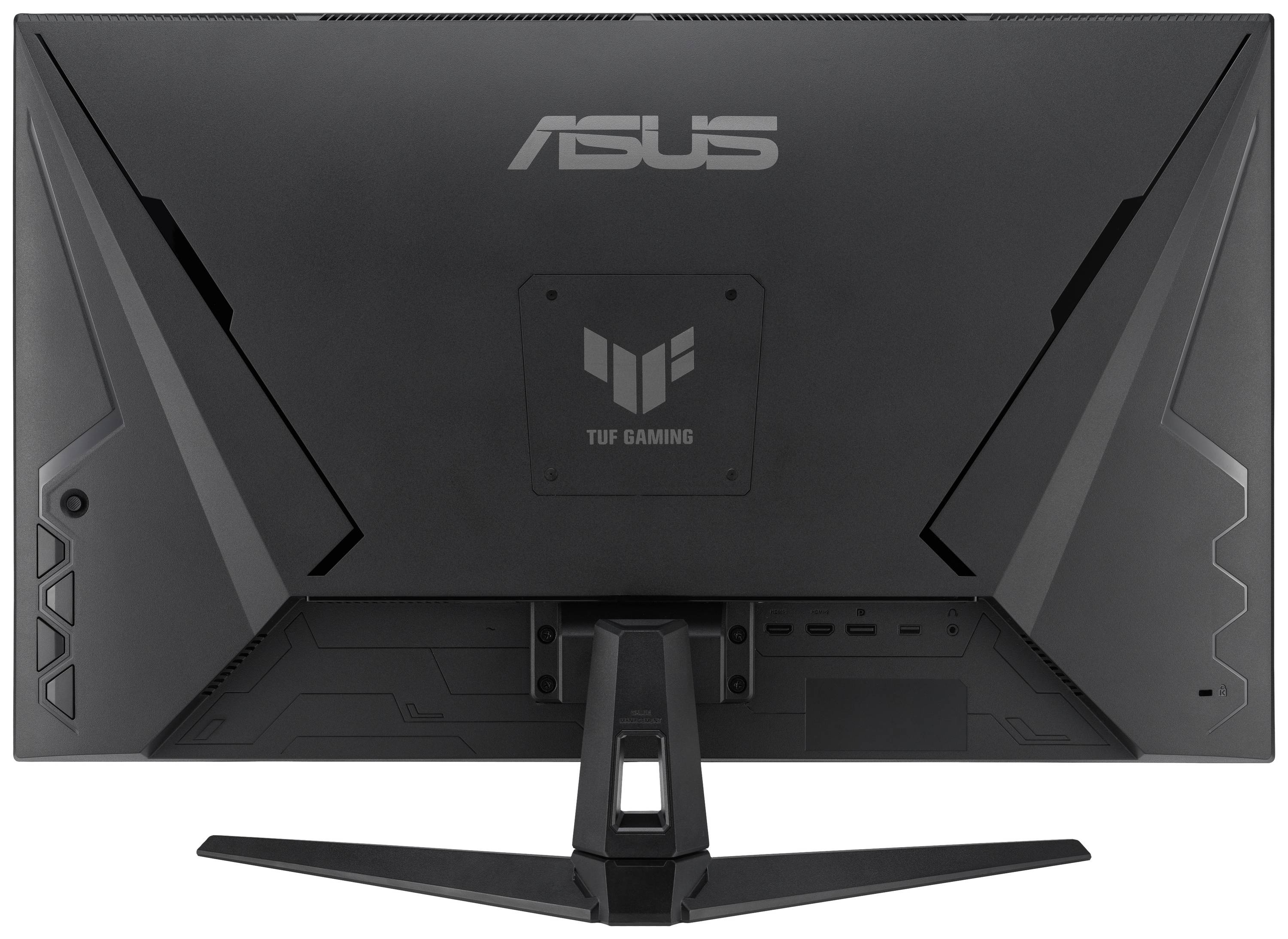 Tylna strona monitora gamingowego ASUS z futurystycznym designem i logo TUF Gaming, czarna obudowa.