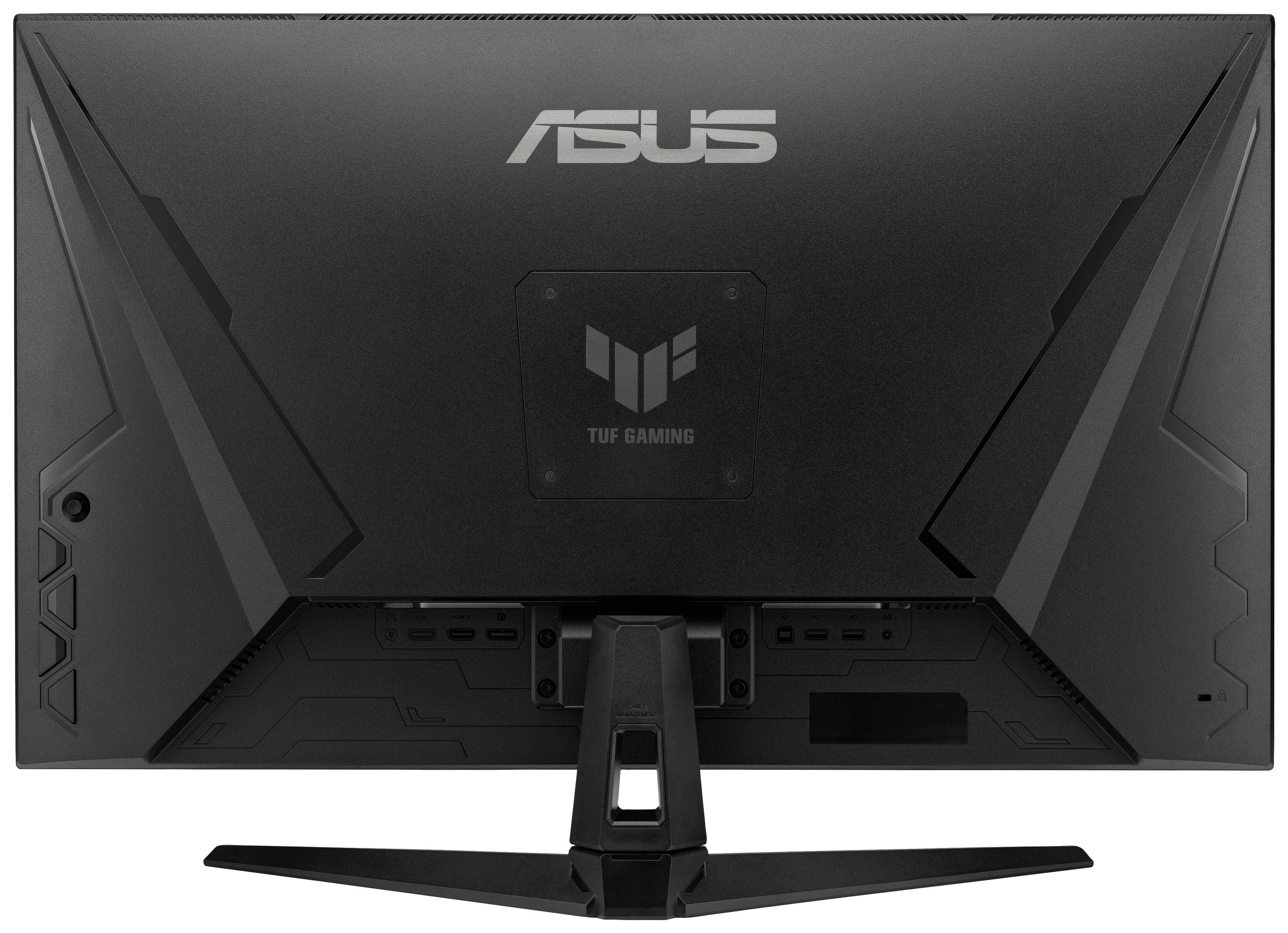 Widok z tyłu czarnego monitora gamingowego ASUS TUF o kanciastej sylwetce i widocznym logo.