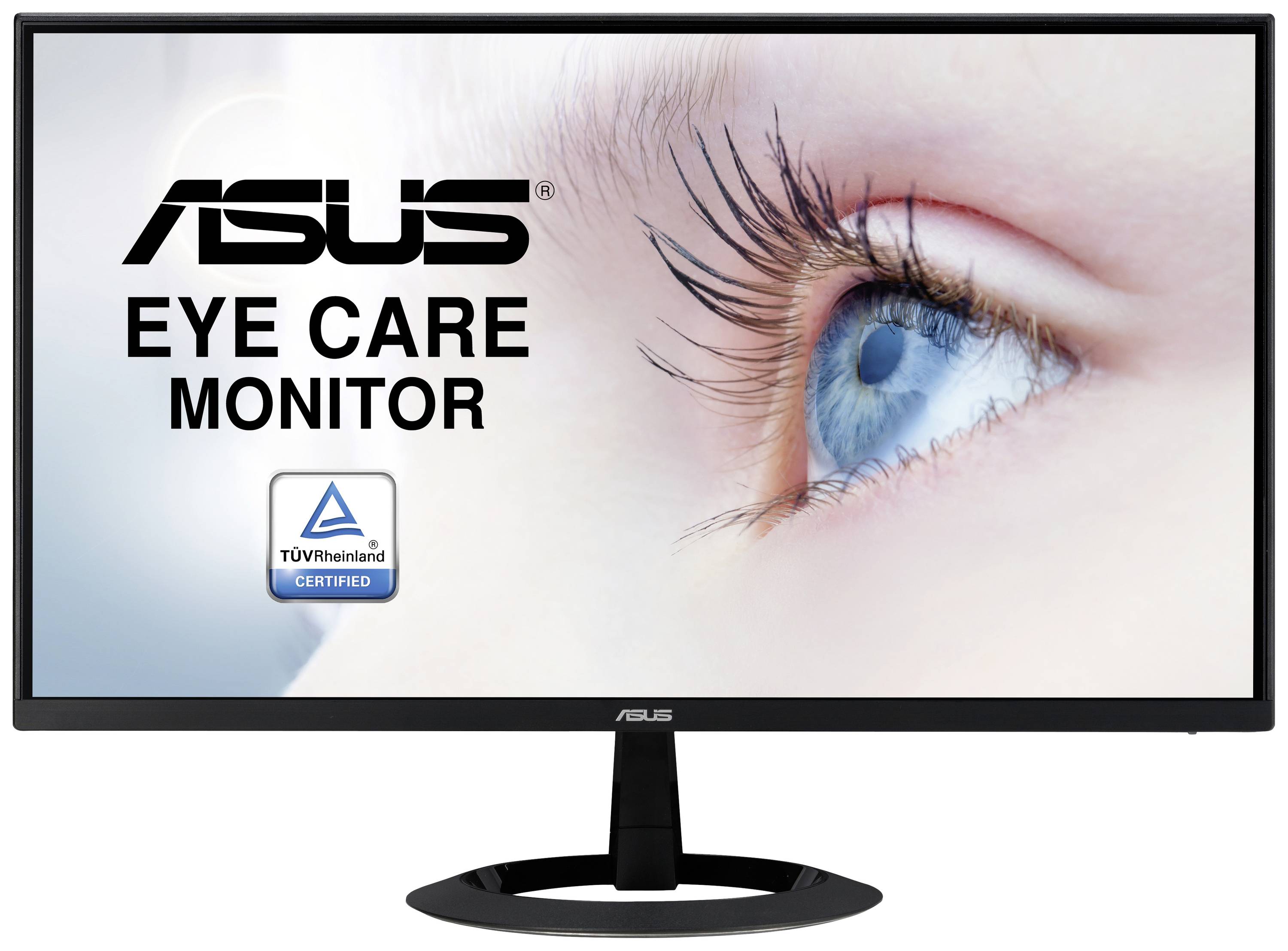 Monitor ASUS z certyfikatem TÜV; wyświetlacz 'Monitor chroniący oczy'. Zbliżenie niebieskiego oka po prawej stronie obrazu.