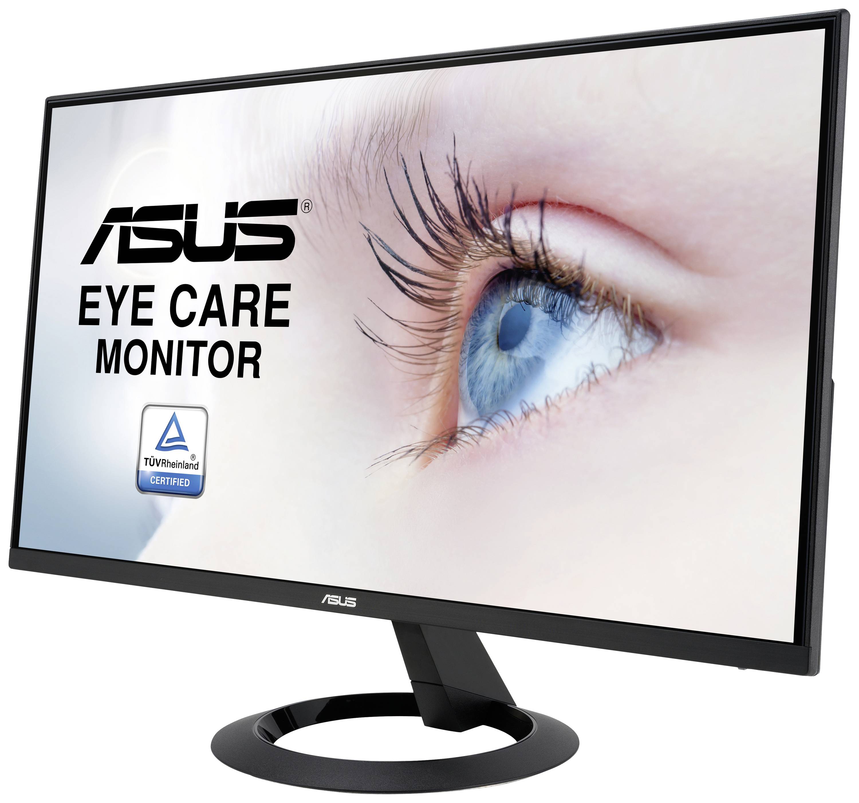 Monitor ASUS z napisem 'Monitor chroniący wzrok' oraz 'Certyfikat TÜV Rheinland' na ekranie. Zbliżenie oka na tle w tle.