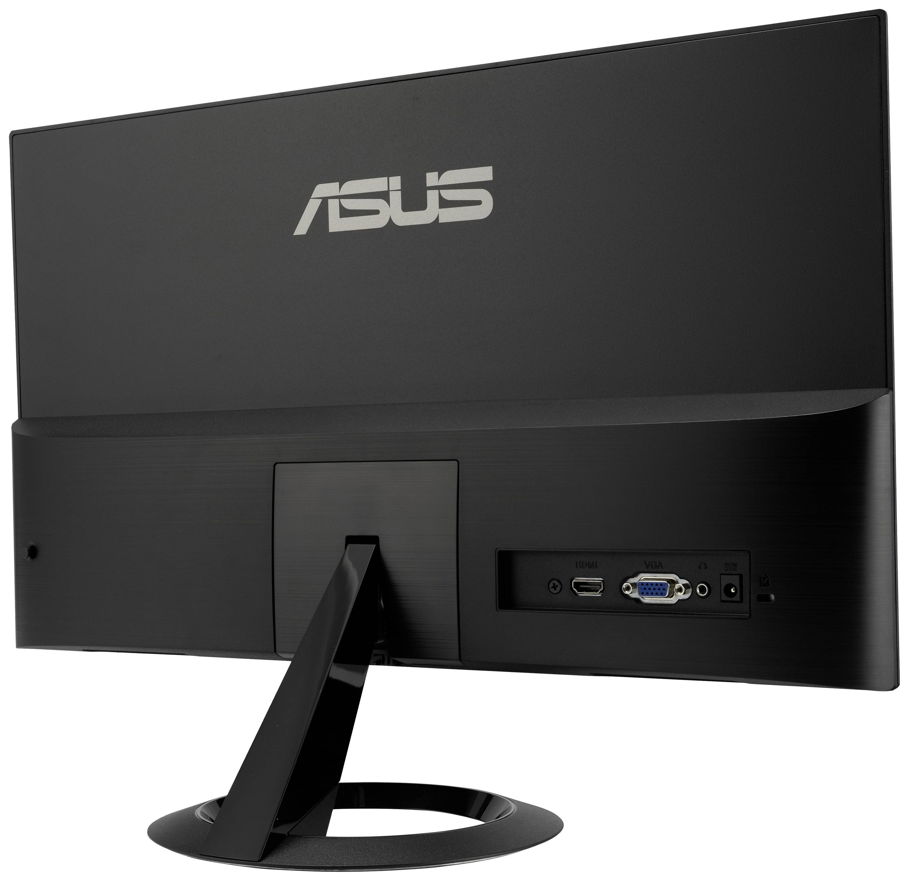 Widok tylny czarnego monitora Asus z widocznymi złączami, w tym VGA i HDMI, zamocowany na okrągłej podstawie.