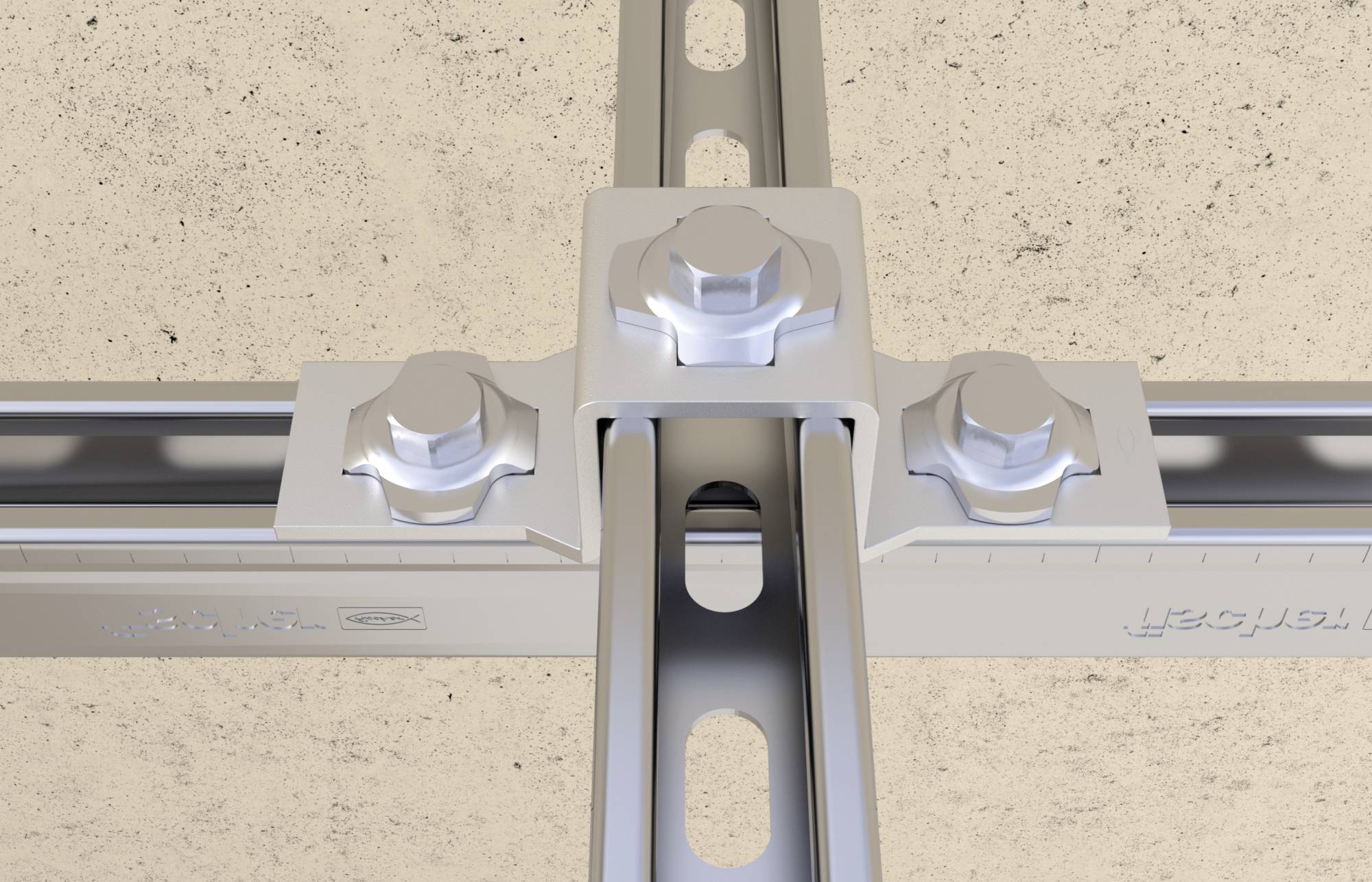 Połączenie metalowe z czterema dużymi śrubami i kamieniami klinowymi na strukturyzowanej powierzchni, prezentujące stabilny punkt styku.