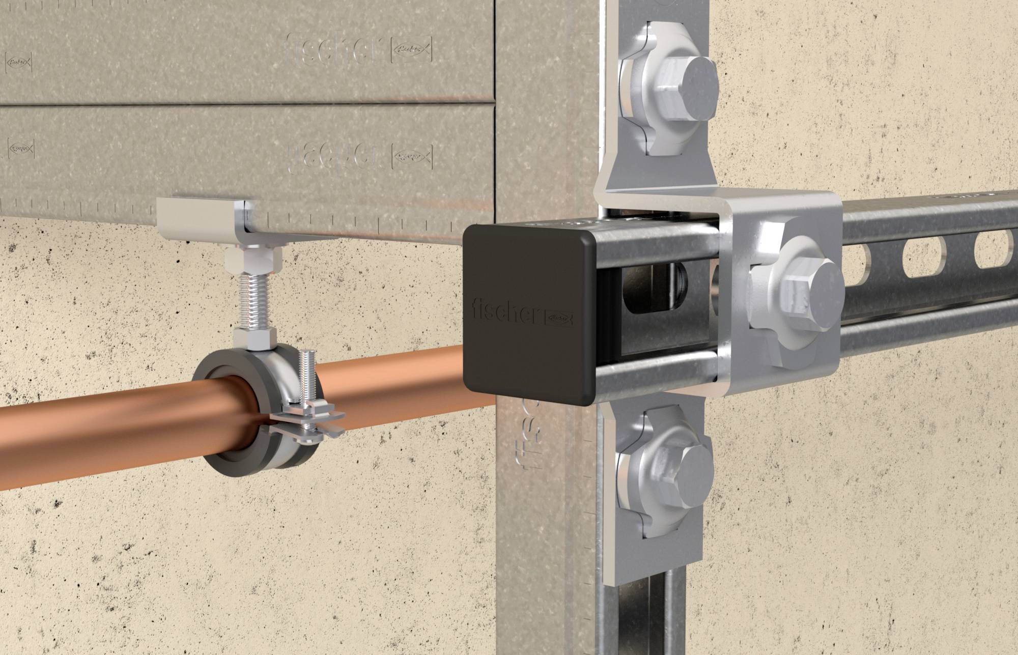System mocowania rur zamontowany na ścianie, wyposażony w metalowe obejmy i wsporniki podtrzymujące miedzianą rurę.
