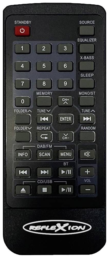 Pilot zdalnego sterowania z licznymi przyciskami, w tym przyciskiem trybu gotowości, klawiszami numerycznymi, regulatorem głośności, wyborem źródła i sterowaniem odtwarzaniem.