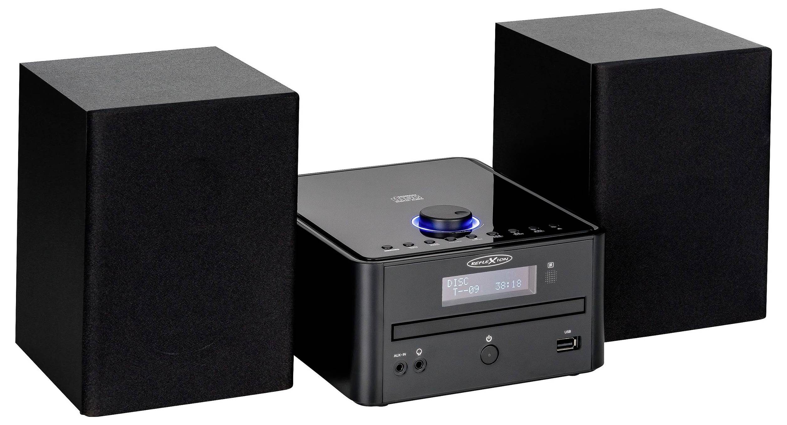 Czarny kompaktowy system stereo z dwoma wysokimi głośnikami i centralną jednostką medialną wyposażoną w wyświetlacz, przyciski, szczelinę na dyski i port USB.