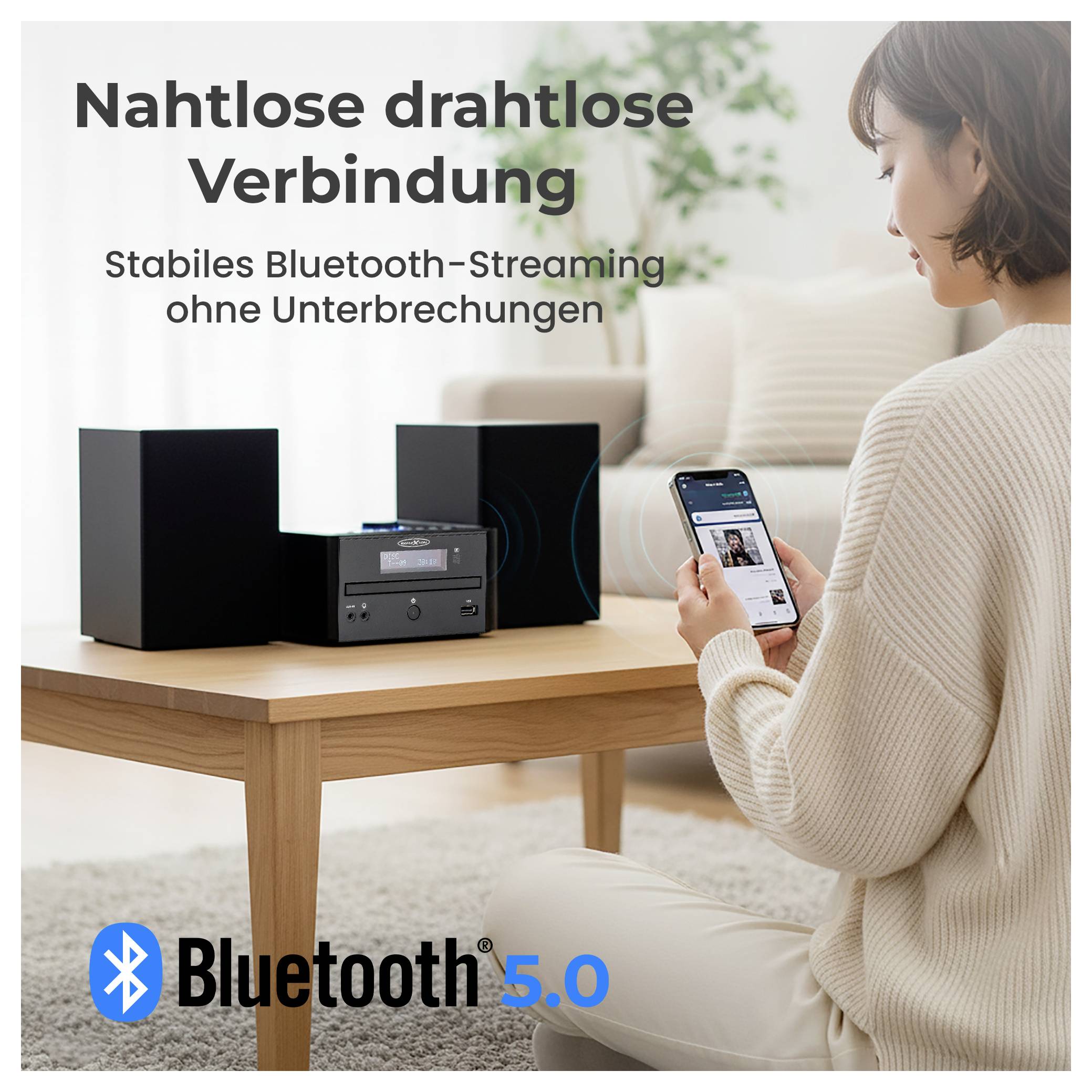 Reklama na Bluetooth 5.0: Kobieta steruje systemem stereo za pomocą smartfona; tekst obiecuje bezproblemowe połączenie bezprzewodowe i stabilne streaming bez przerw.