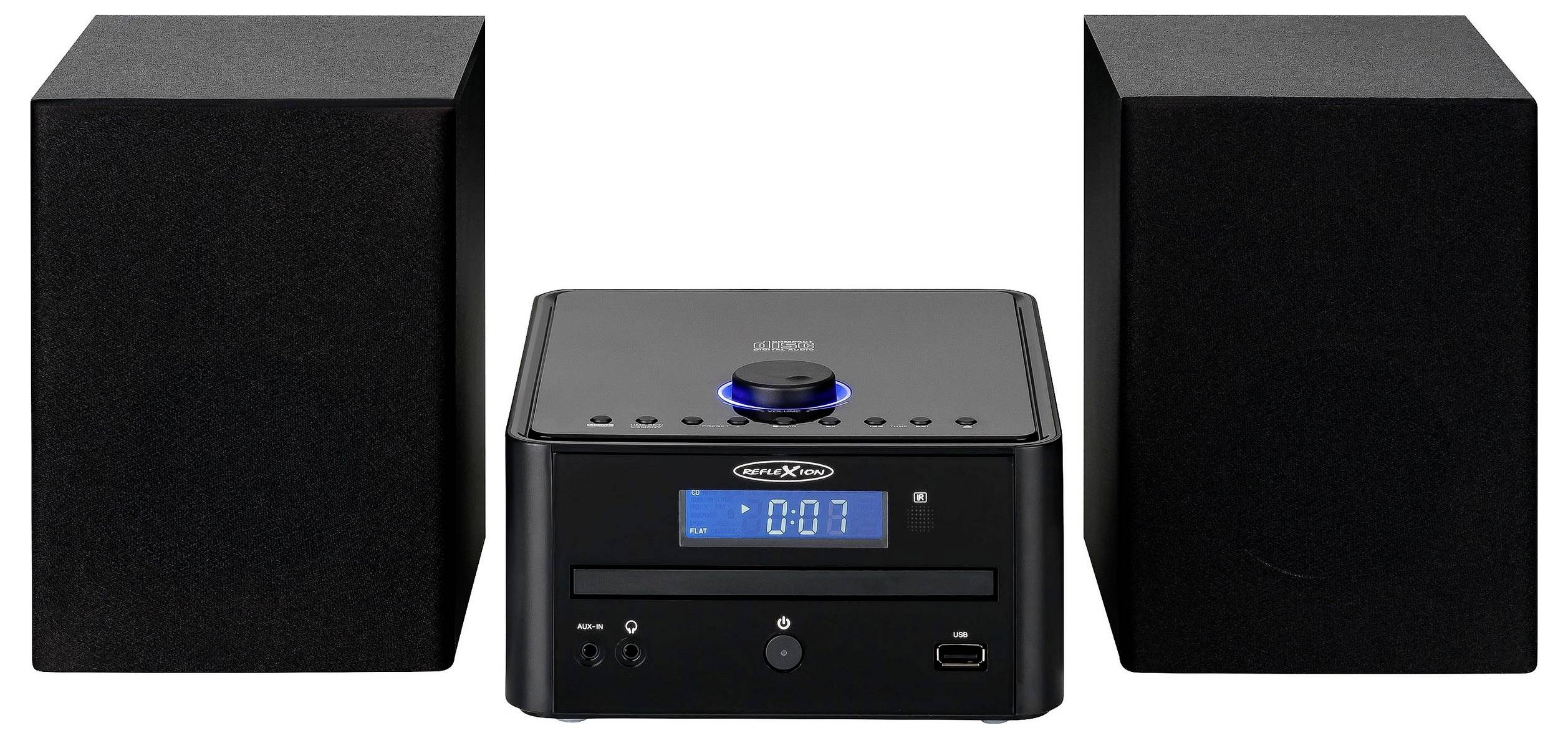Czarny system stereo z centralnym odbiornikiem CD wyświetlającym '0:07' na wyświetlaczu, otoczony dwoma wysokimi czarnymi głośnikami.