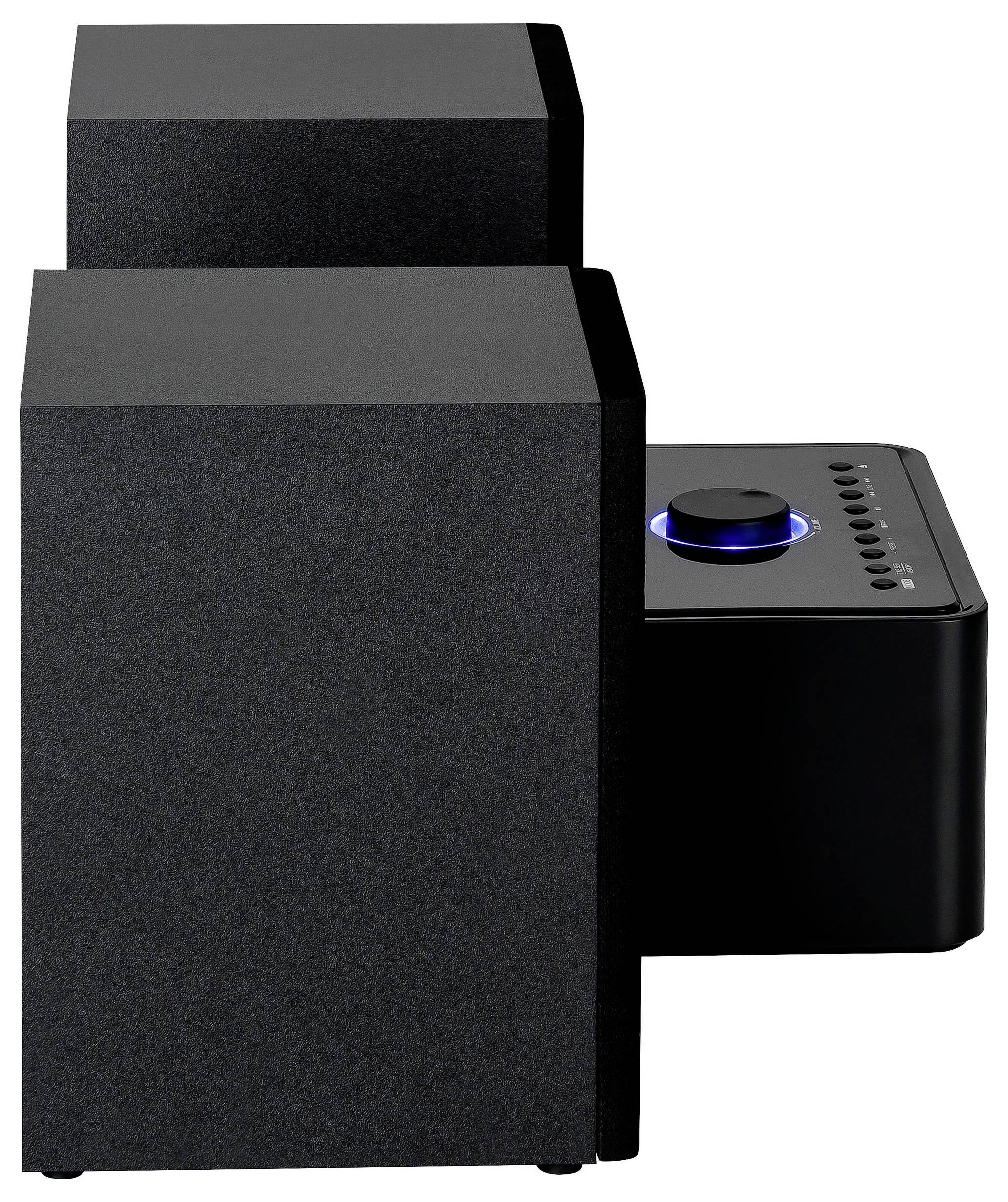 Czarny prostokątny system głośnikowy z bocznym modułem sterowania wyposażonym w świecący niebieski pokrętło i małe wskaźniki przycisków.