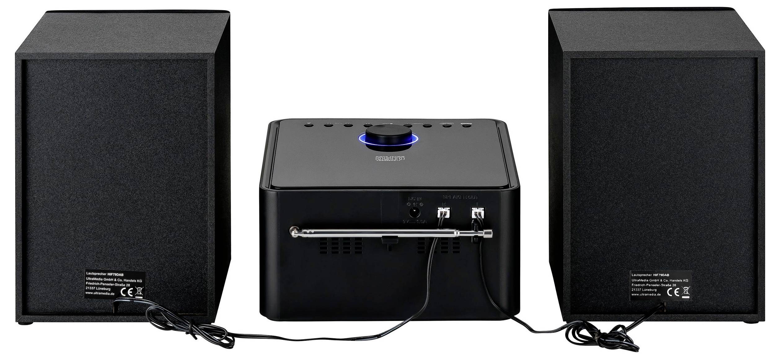 Czarna konfiguracja domowego systemu audio z centralnym odbiornikiem/głośnikiem podłączonym przewodami do dwóch identycznych czarnych głośników po obu stronach.