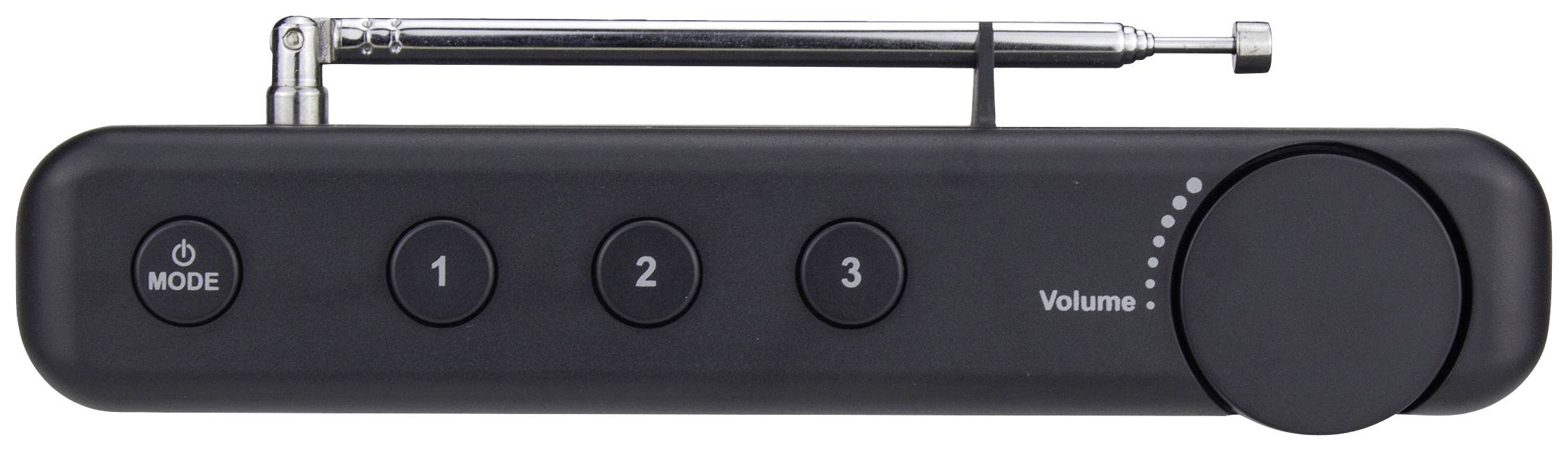 Czarne przenośne radio z anteną, trzema ponumerowanymi przyciskami, regulatorem głośności i pokrętłem trybu.